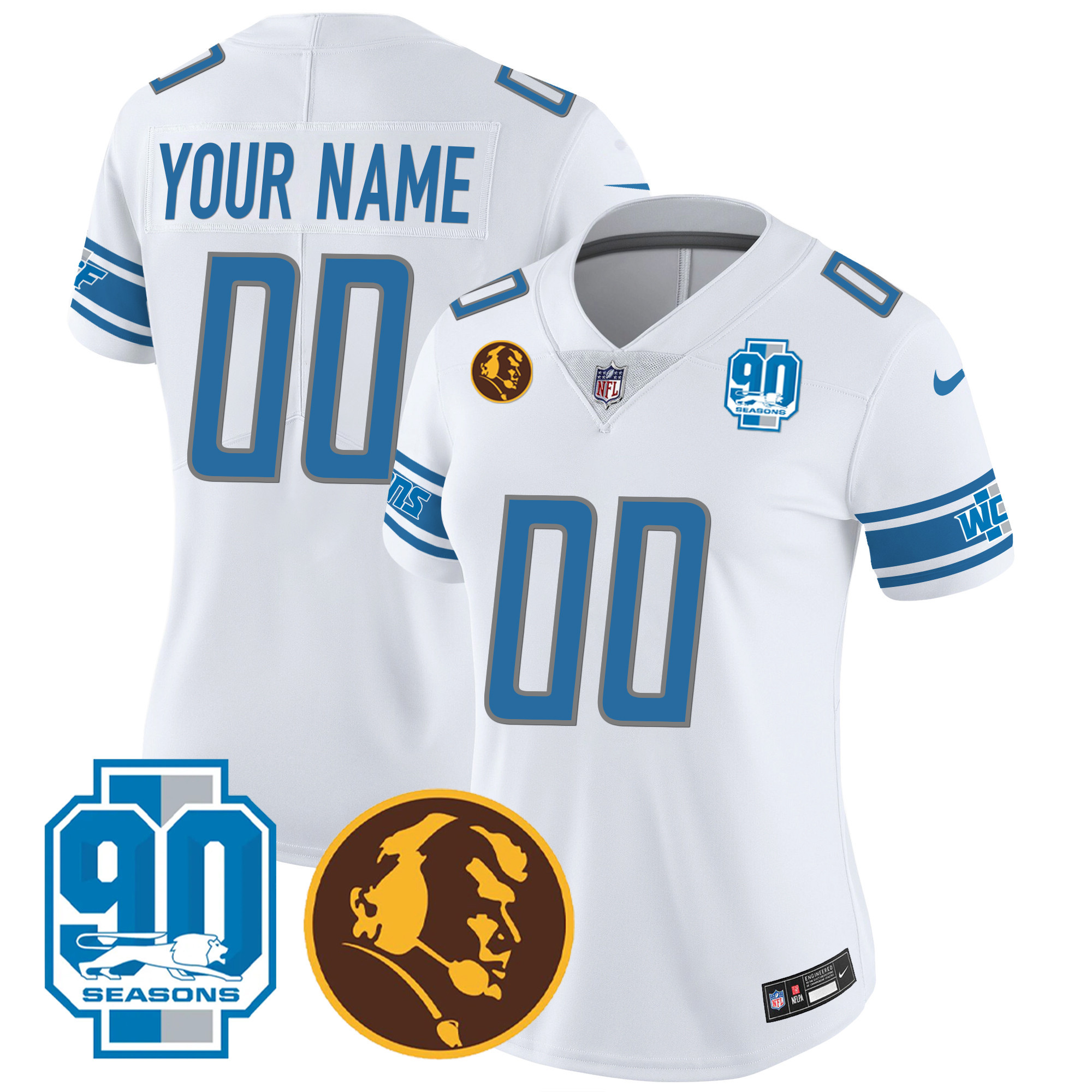 Detroit Lions 90th & John Madden Patch Custom White Jersey - All Stitched 