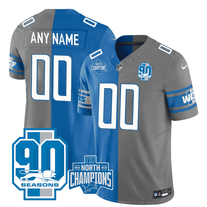 Detroit Lions 90th Season & NFC Champions Patch Split Custom Split Blue - Grey Jersey - All Stitched 