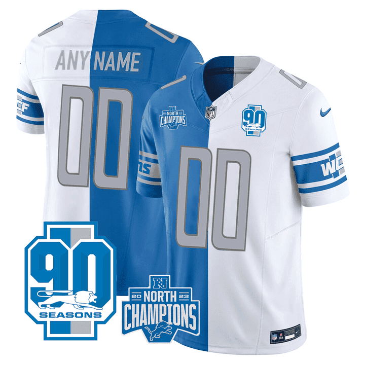 Detroit Lions 90th Season & NFC Champions Patch Split Custom Split Blue - White Jersey - All Stitched 