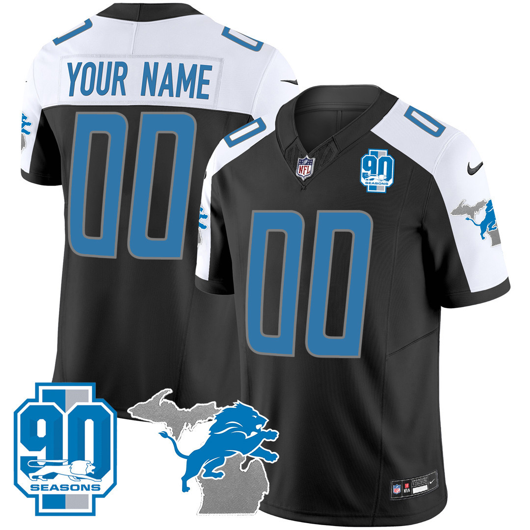 Detroit Lions 90th Year & Michigan Patch Custom Vapor Black Alternate Jersey - All Stitched 