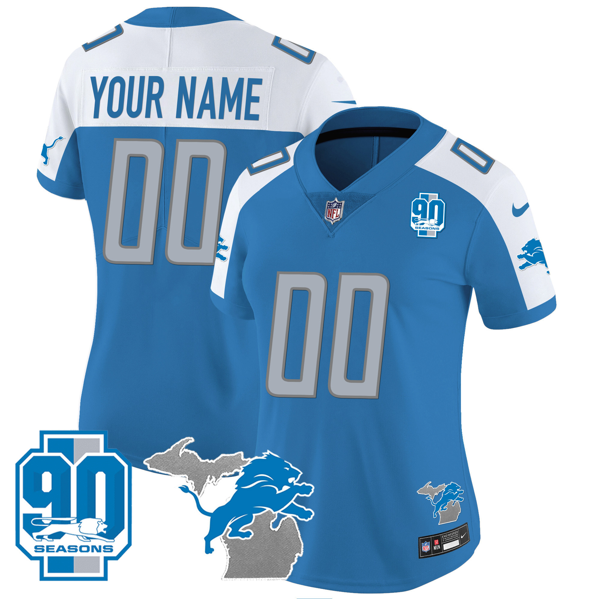 Detroit Lions 90th Year & Michigan Patch Custom Vapor Blue Alternate Jersey - All Stitched 