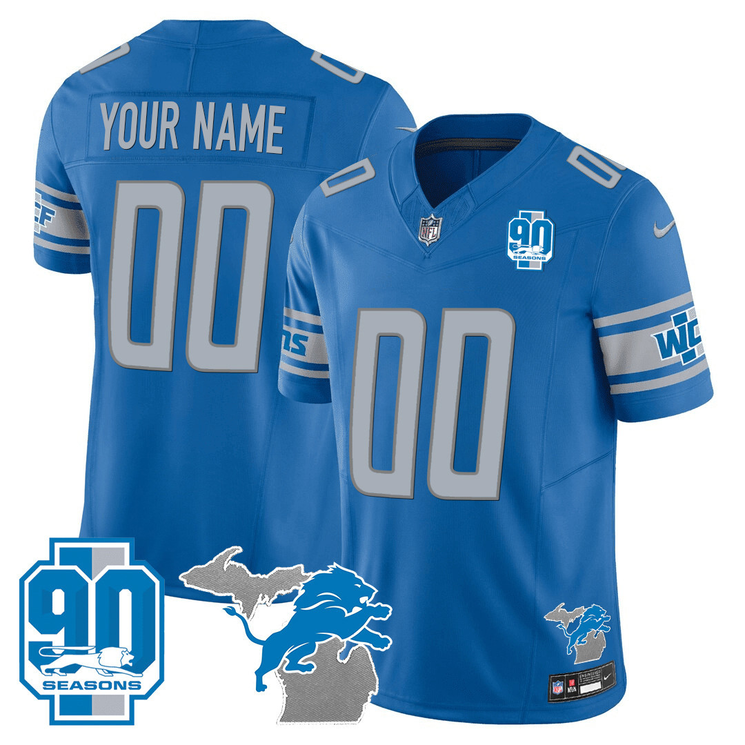 Detroit Lions 90th Year & Michigan Patch Custom Vapor Blue Jersey - All Stitched 