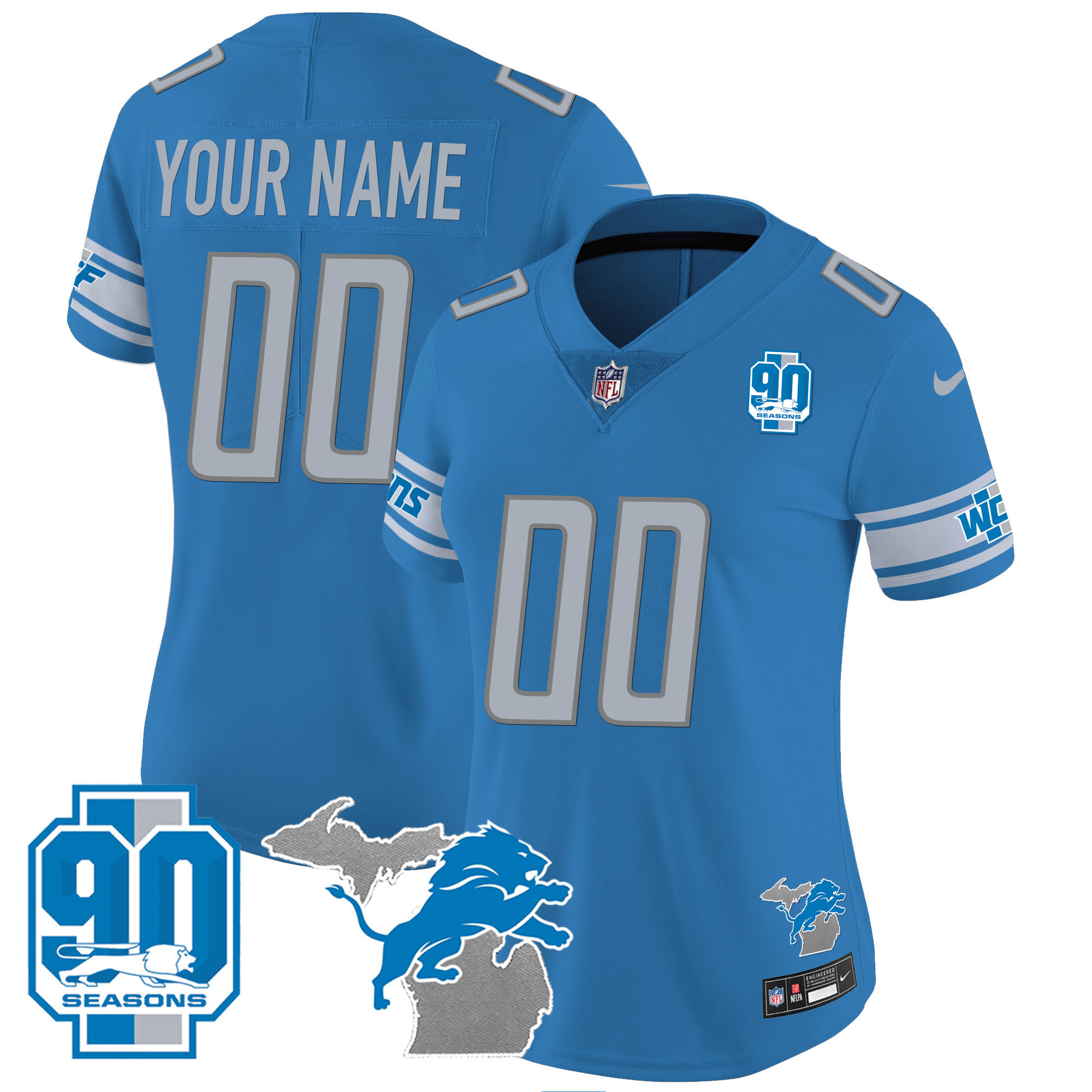 Detroit Lions 90th Year & Michigan Patch Custom Vapor Blue Jersey - All Stitched 