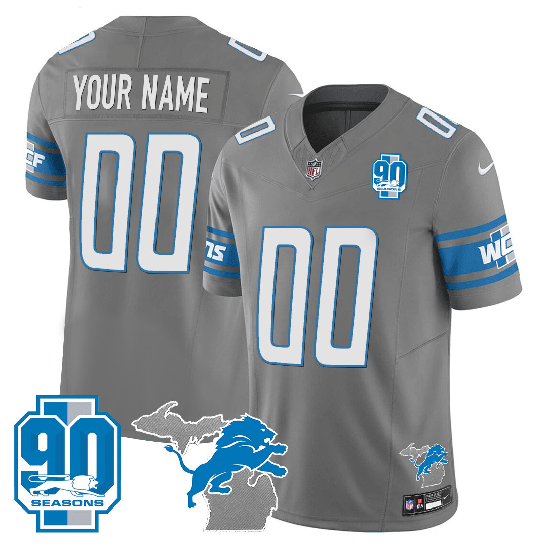 Detroit Lions 90th Year & Michigan Patch Custom Vapor Gray Jersey - All Stitched 