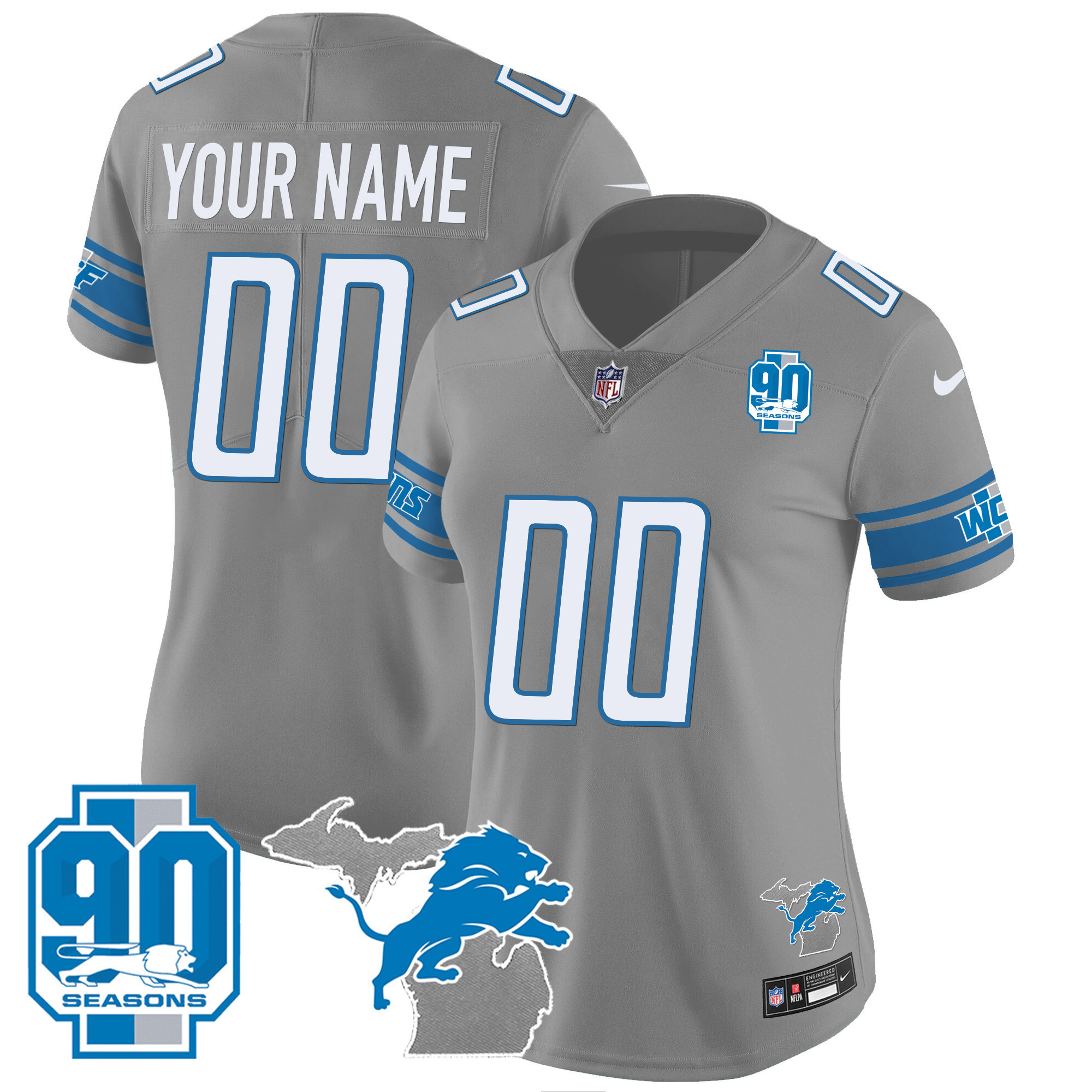 Detroit Lions 90th Year & Michigan Patch Custom Vapor Gray Jersey - All Stitched 
