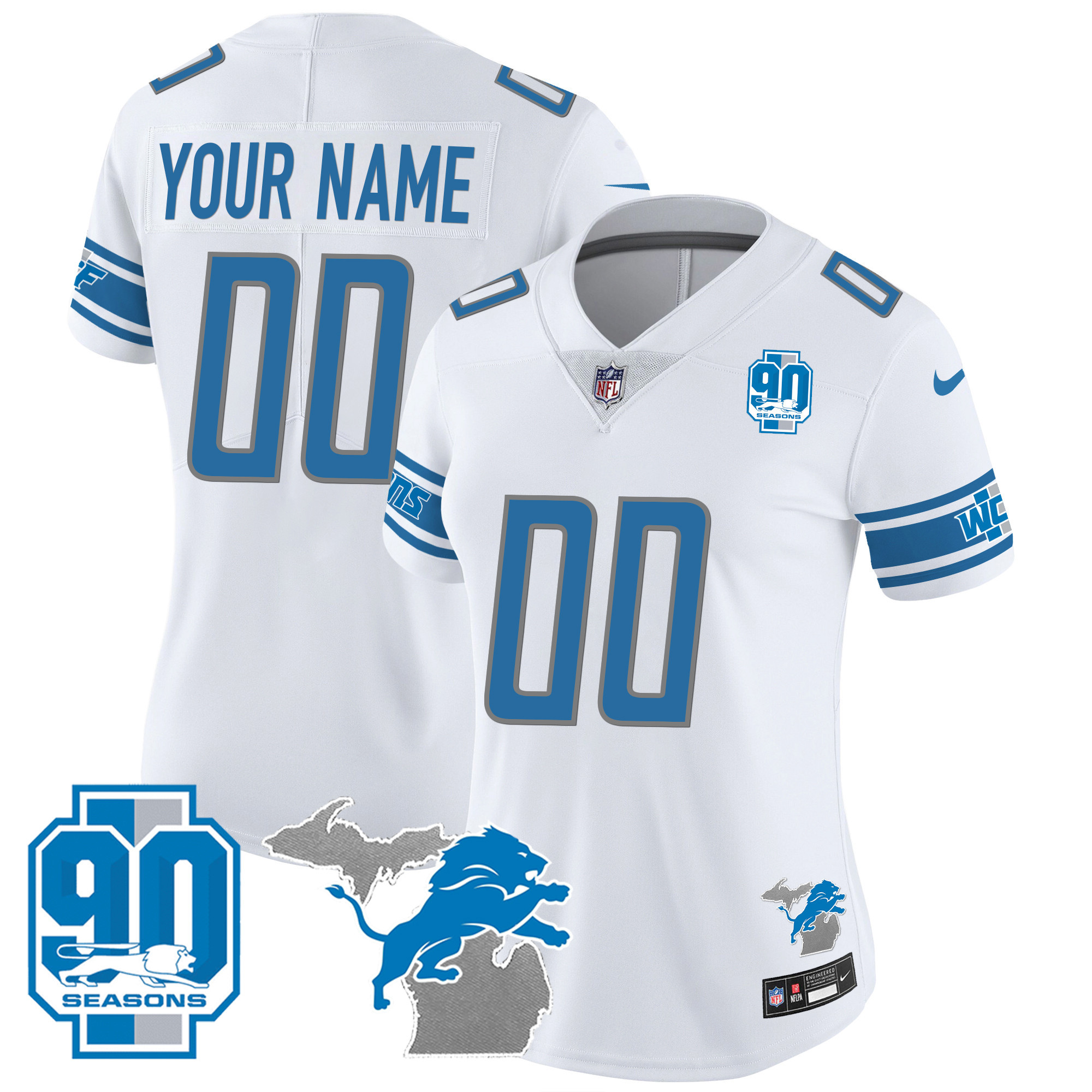 Detroit Lions 90th Year & Michigan Patch Custom Vapor White Jersey - All Stitched 