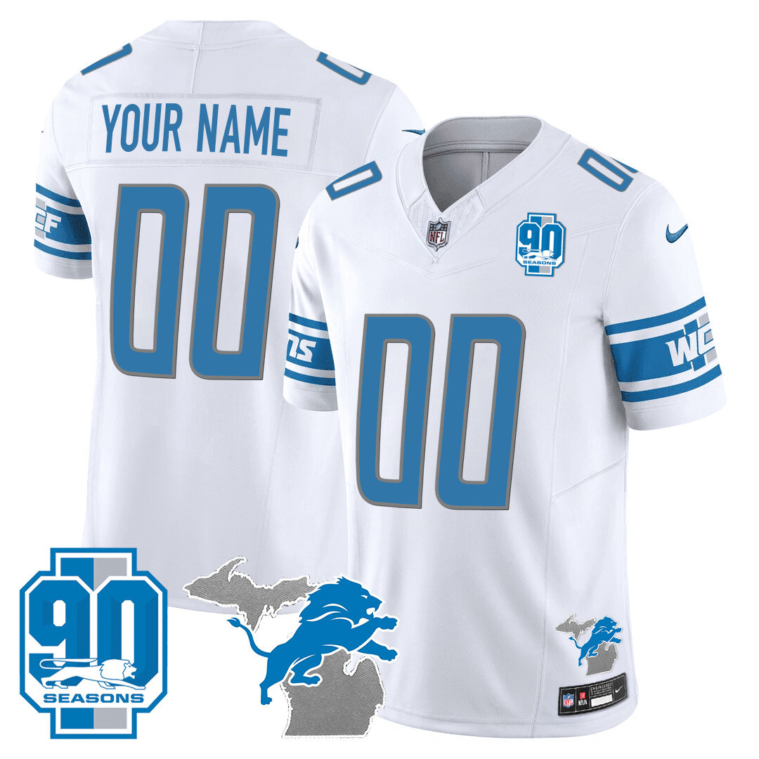 Detroit Lions 90th Year & Michigan Patch Custom Vapor White Jersey - All Stitched 