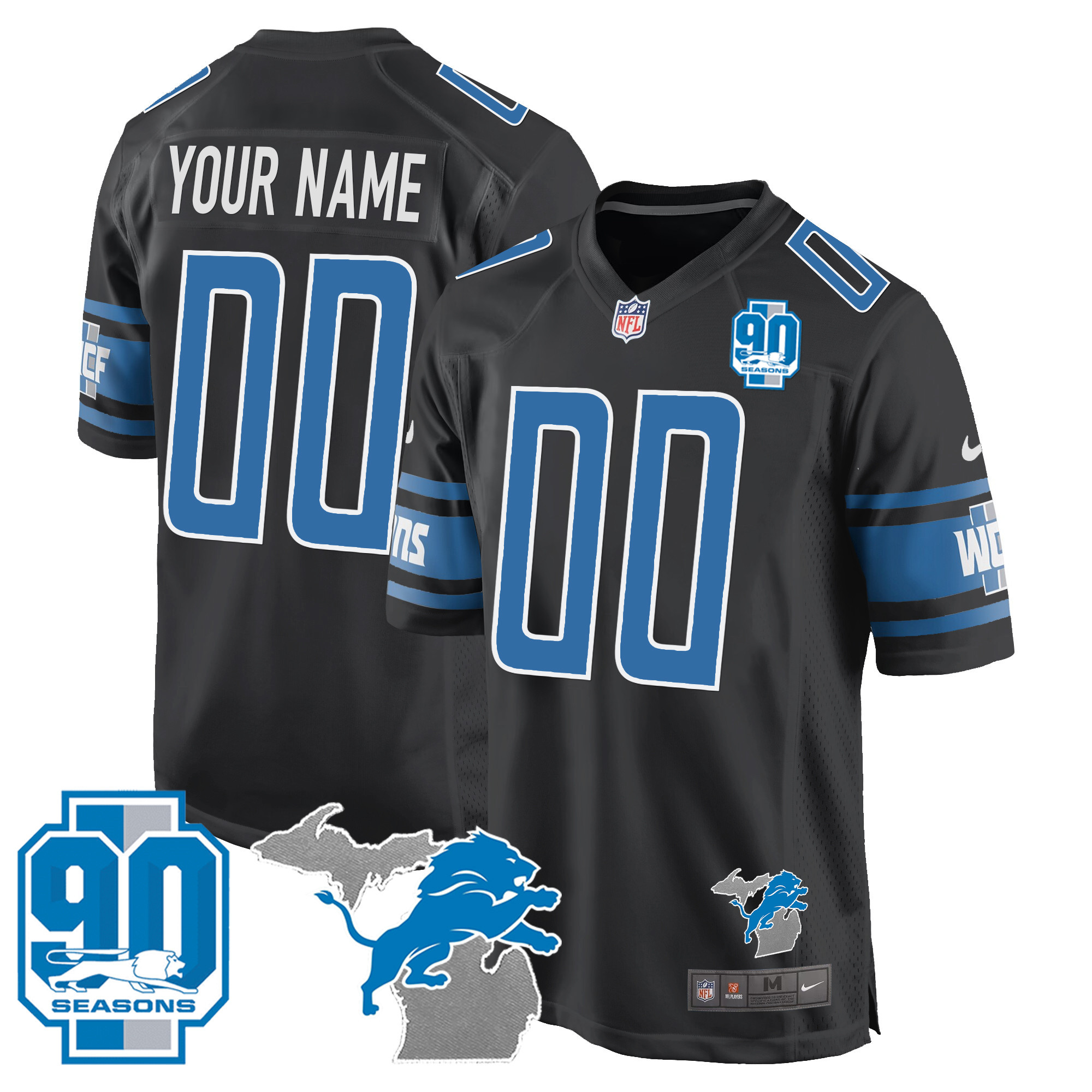 Detroit Lions 90th Year & Michigan Patch Game Custom Black Jersey - All Stitched 