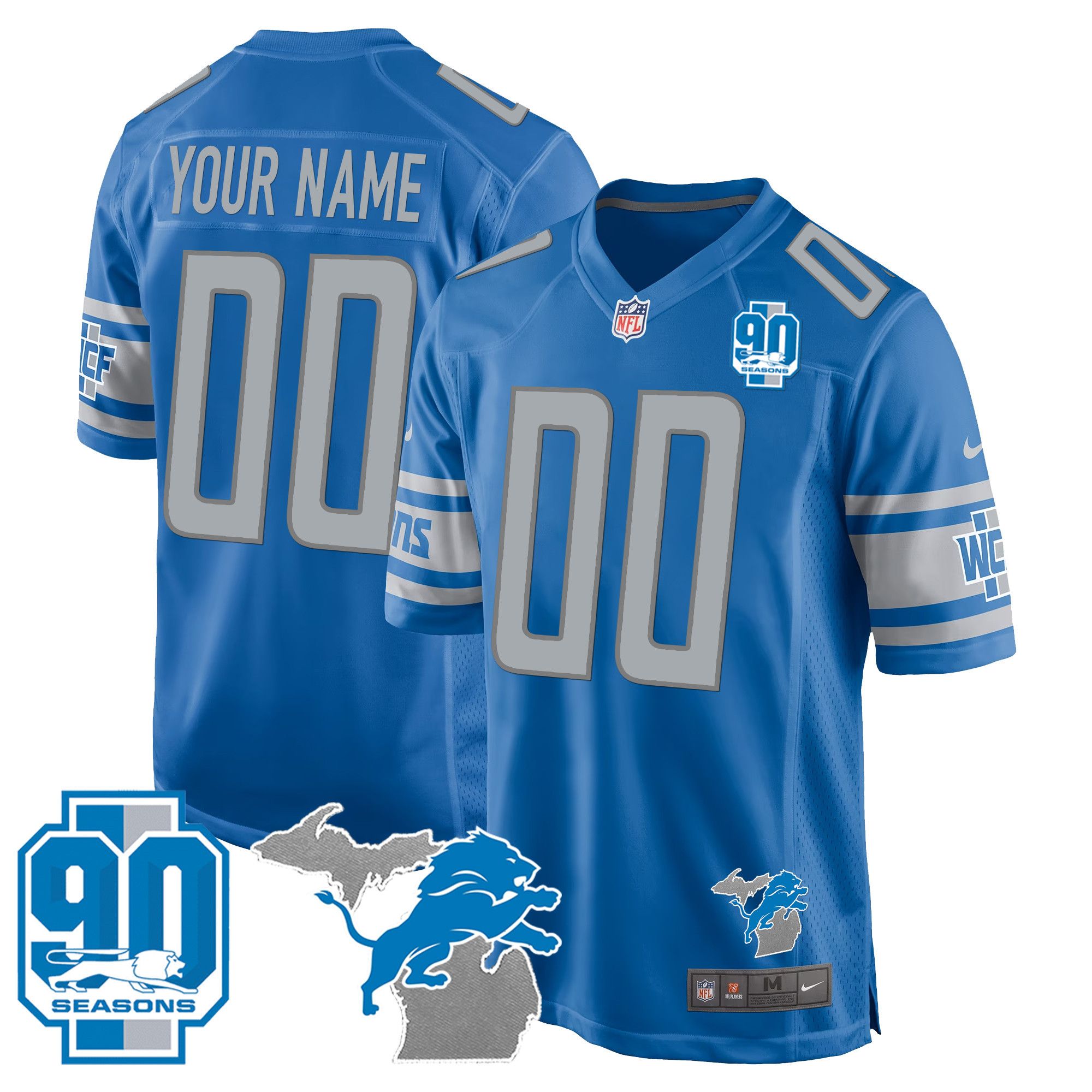 Detroit Lions 90th Year & Michigan Patch Game Custom Blue Jersey - All Stitched 