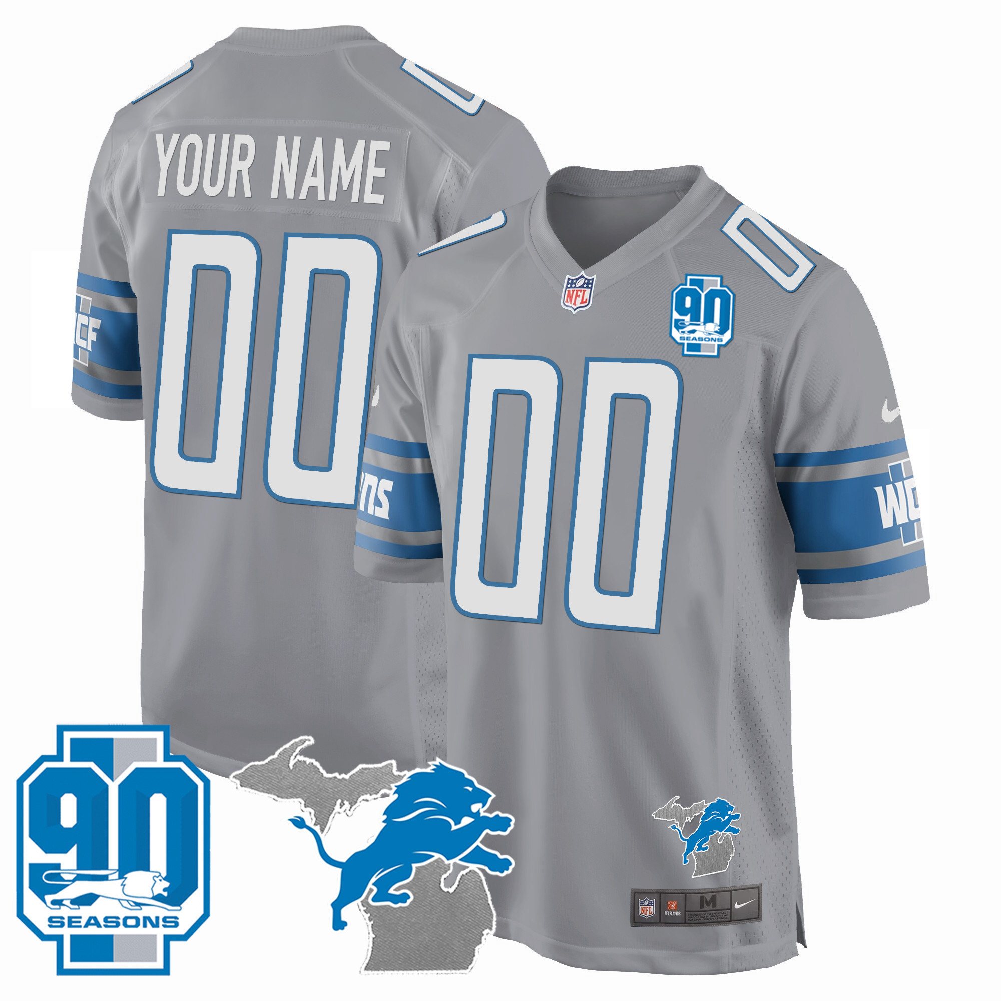 Detroit Lions 90th Year & Michigan Patch Game Custom Gray Jersey - All Stitched 
