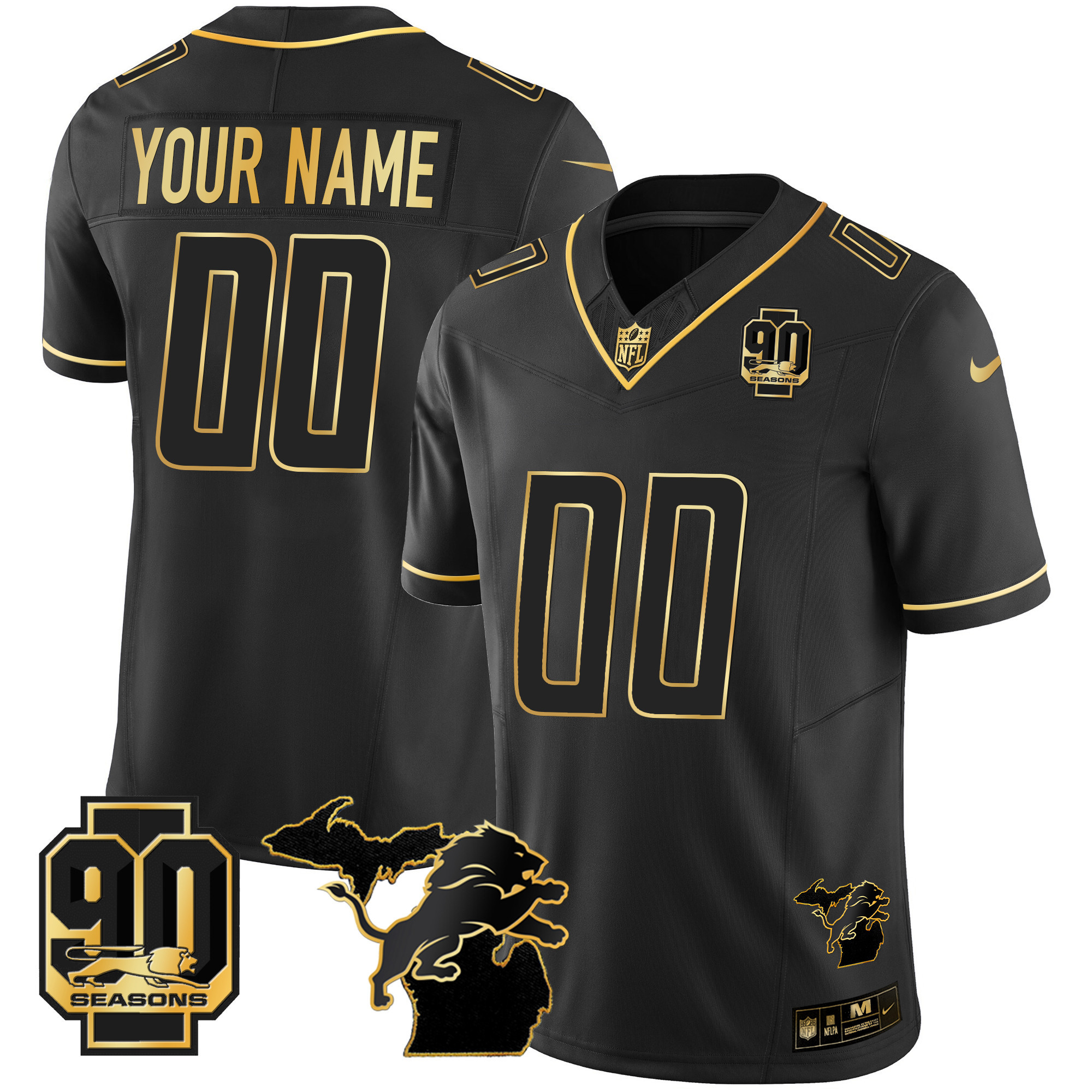 Detroit Lions 90th Year & Michigan Patch Gold Vapor Custom Black Gold Jersey - All Stitched 