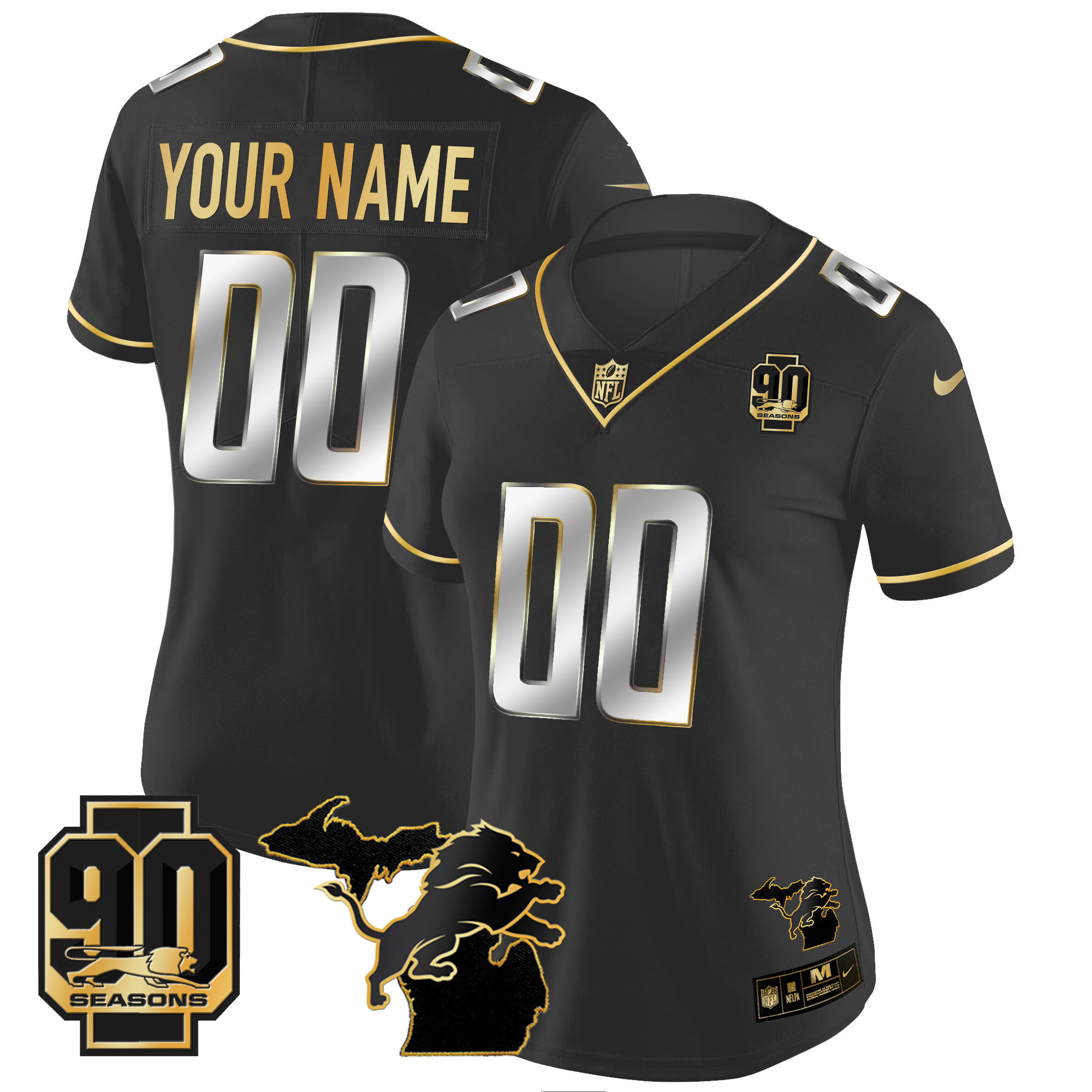 Detroit Lions 90th Year & Michigan Patch Gold Vapor Custom Black Limited Jersey - All Stitched 