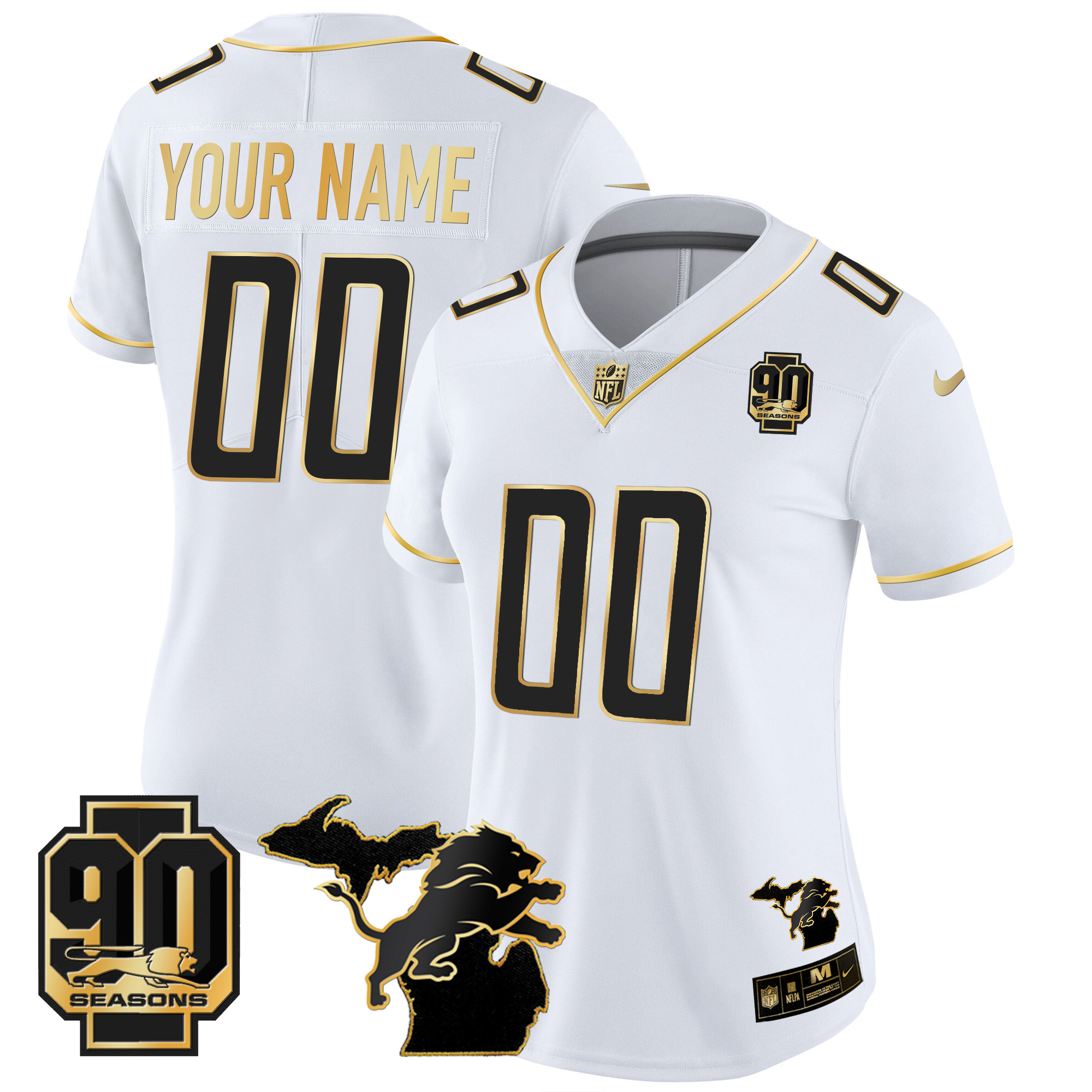 Detroit Lions 90th Year & Michigan Patch Gold Vapor Custom White Gold Jersey - All Stitched 
