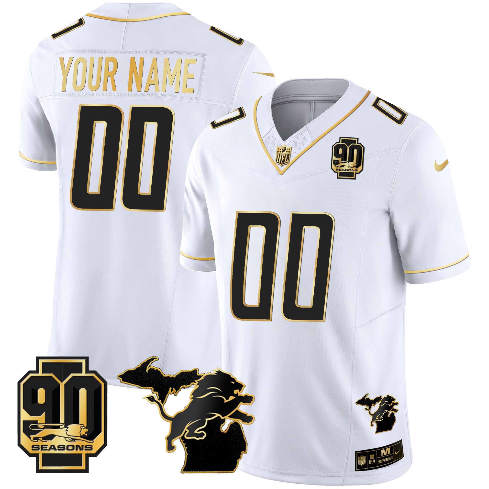 Detroit Lions 90th Year & Michigan Patch Gold Vapor Custom White Gold Jersey - All Stitched 