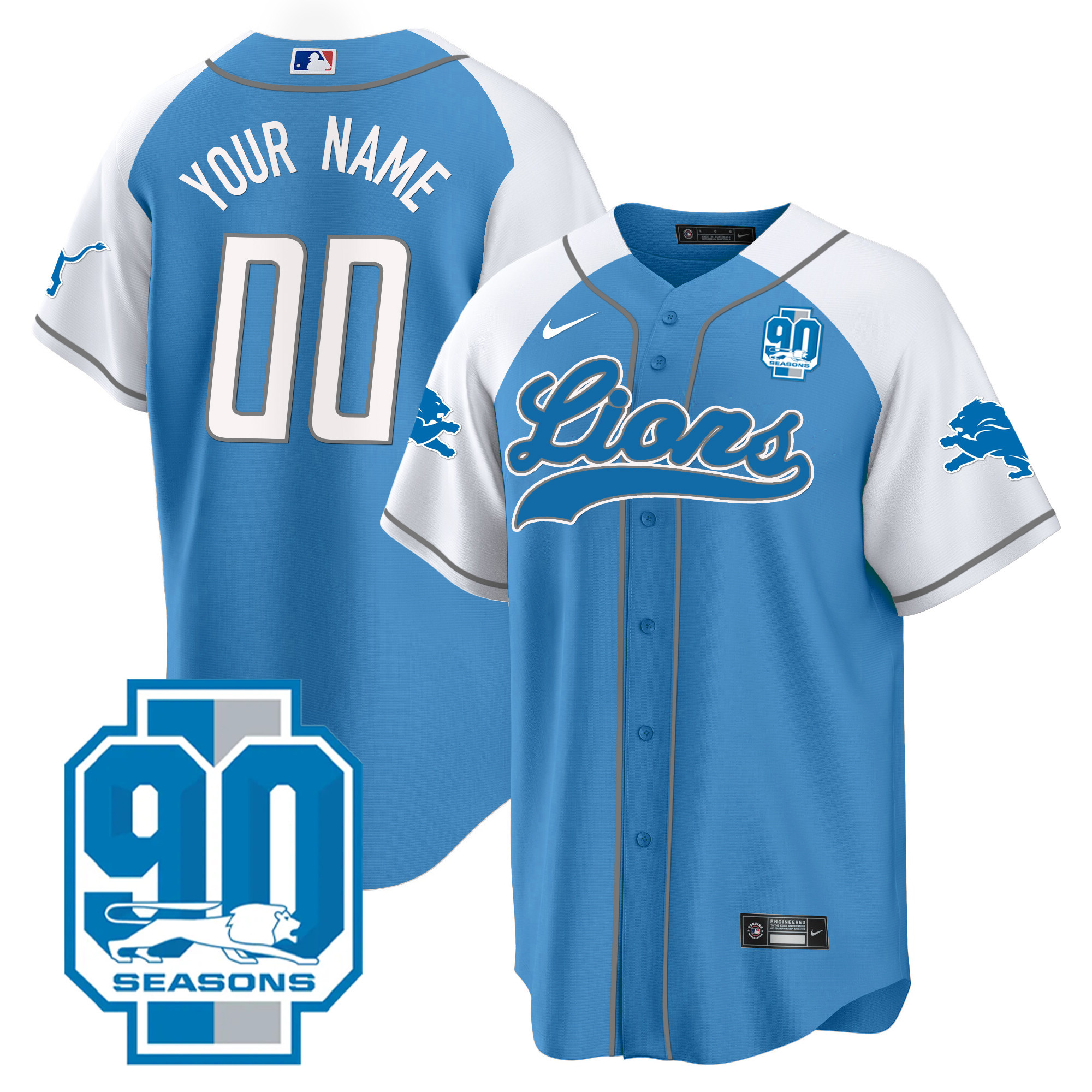 Detroit Lions 90th Year Patch Baseball Custom Blue Alternate Jersey - All Stitched 