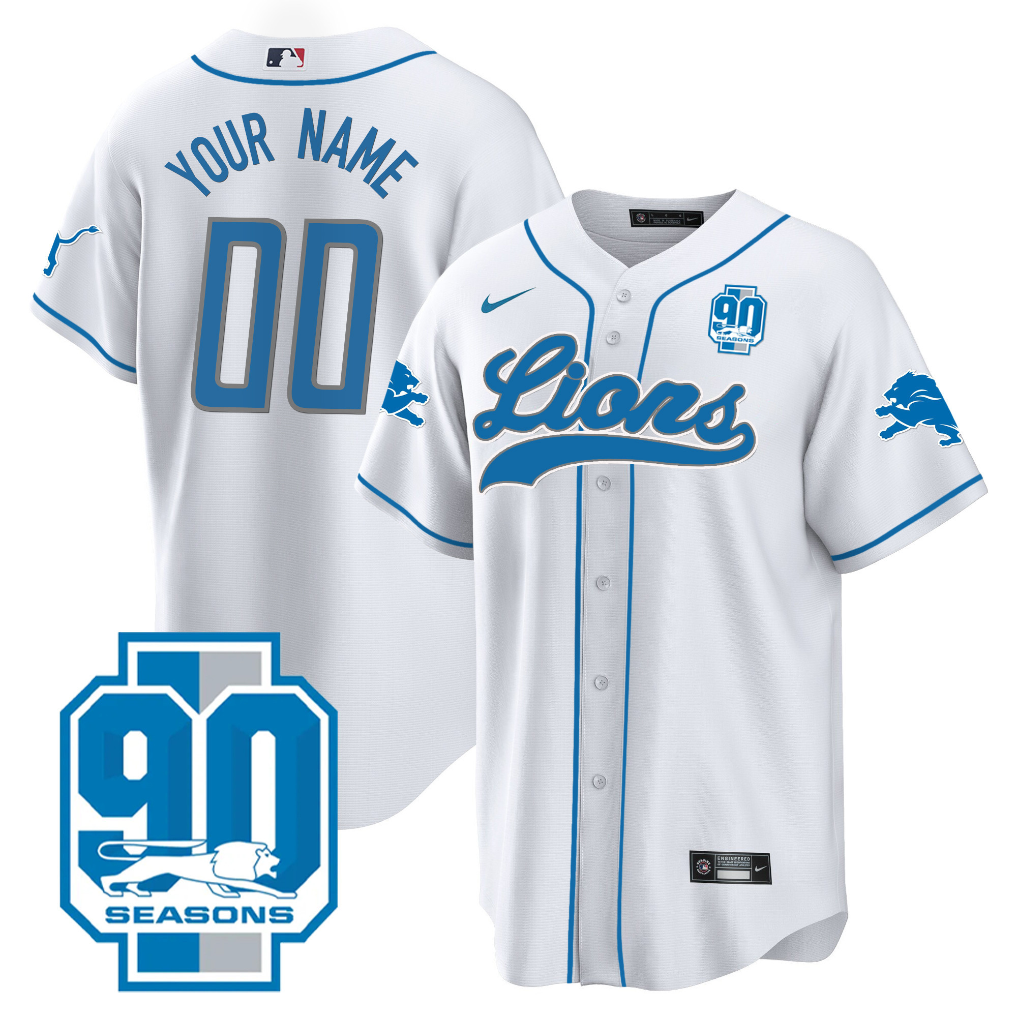 Detroit Lions 90th Year Patch Baseball Custom White Jersey - All Stitched 