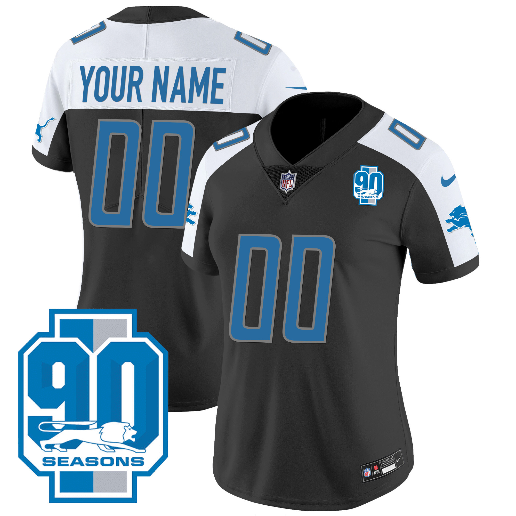Detroit Lions 90th Year Patch Custom Black Alternate Jersey - All Stitched 