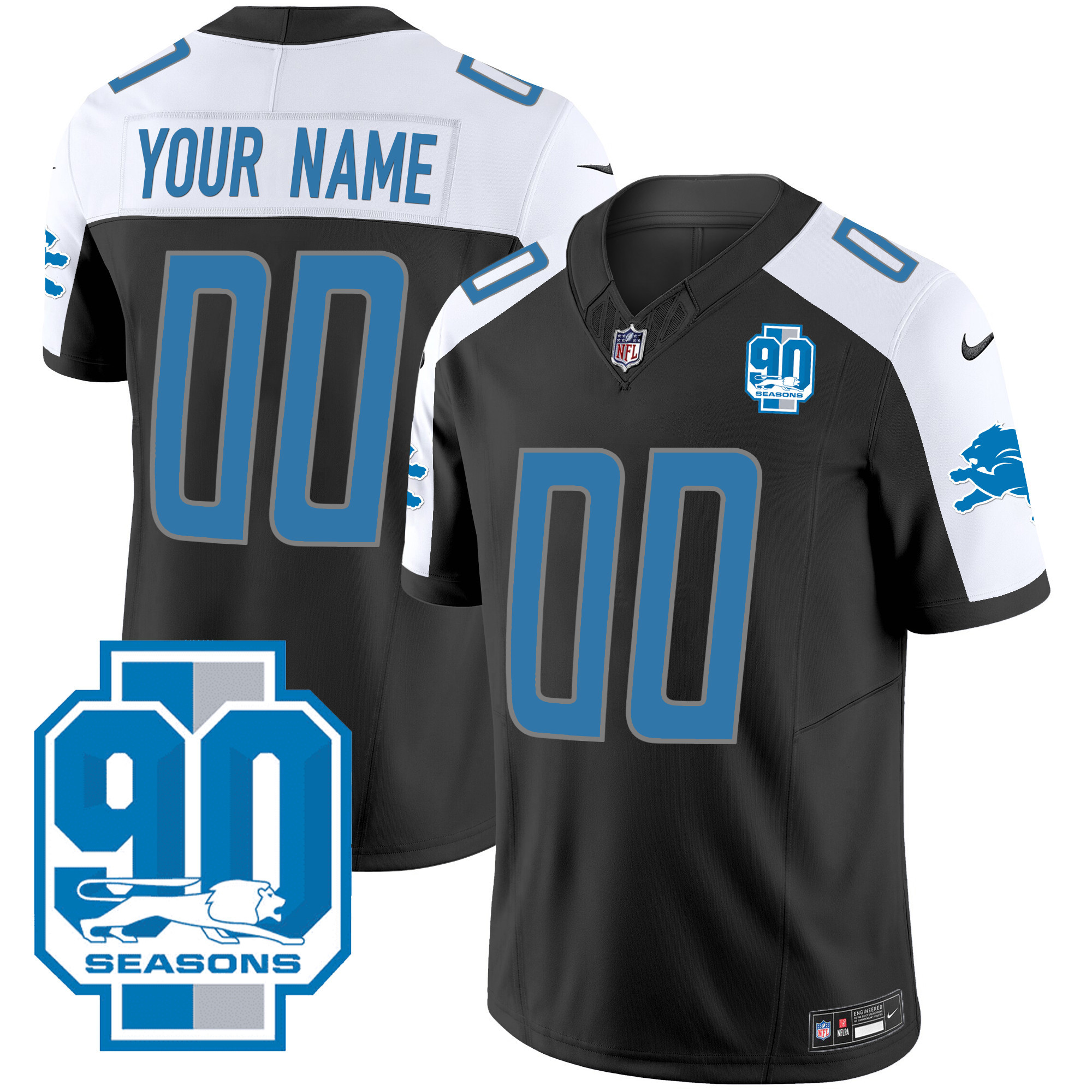Detroit Lions 90th Year Patch Custom Black Alternate Jersey - All Stitched 