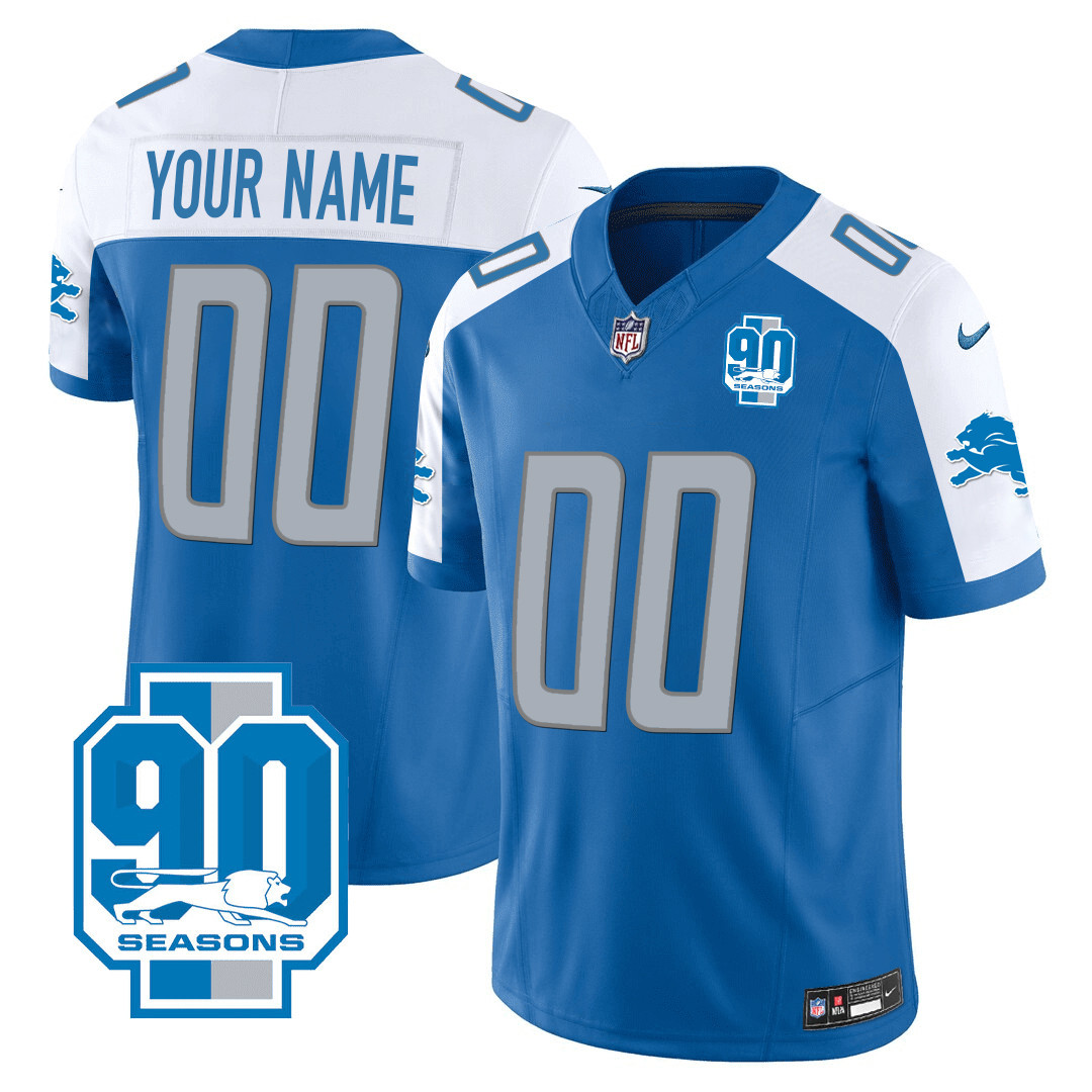 Detroit Lions 90th Year Patch Custom Blue Alternate Jersey - All Stitched 