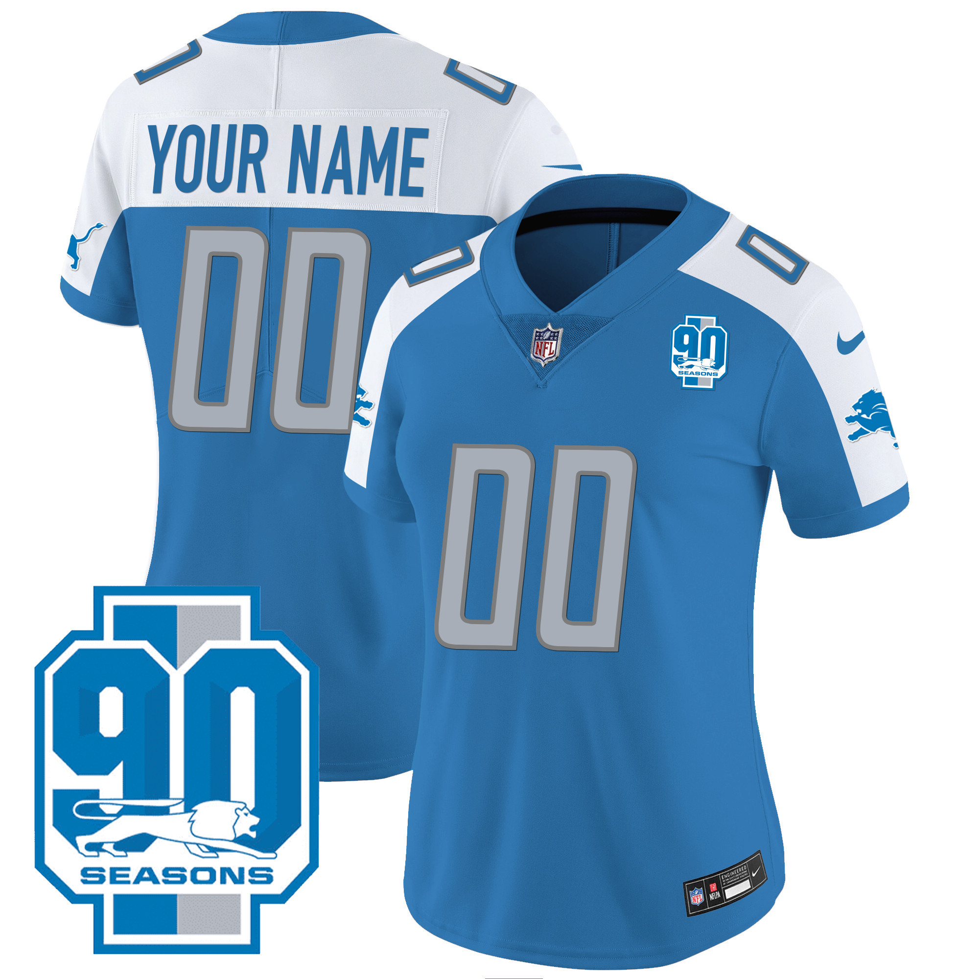 Detroit Lions 90th Year Patch Custom Blue Alternate Jersey - All Stitched 