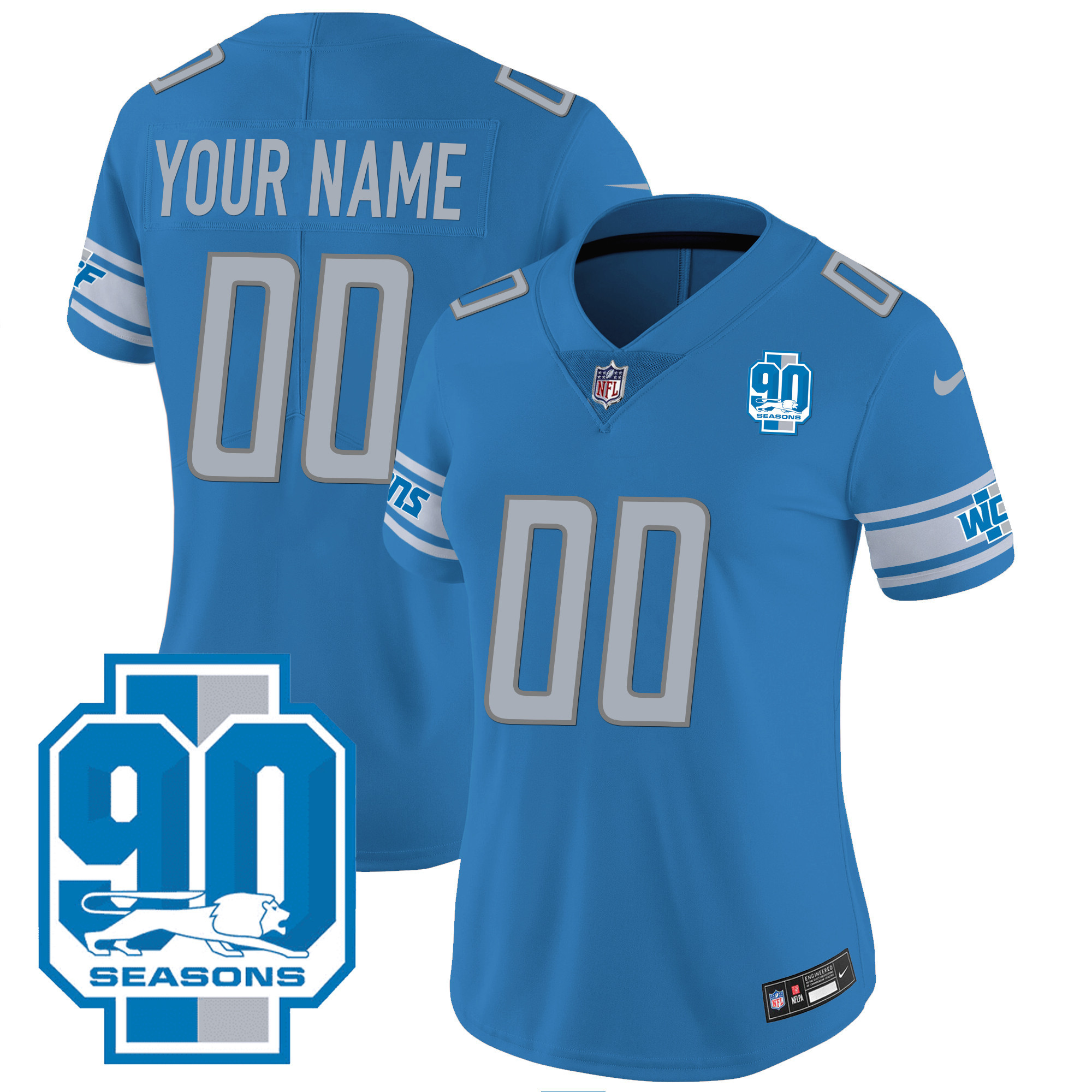 Detroit Lions 90th Year Patch Custom Blue Jersey - All Stitched 