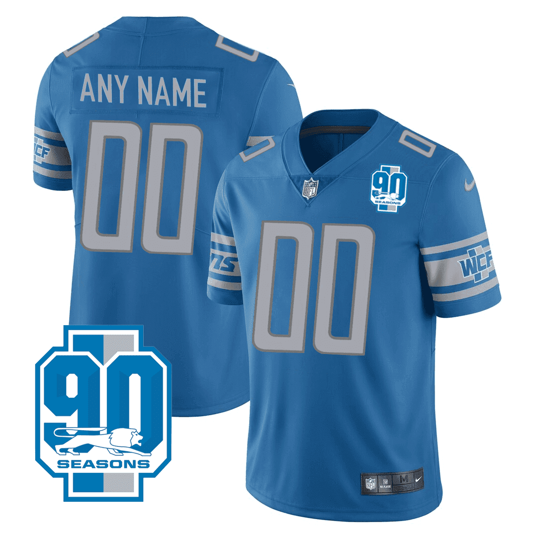 Detroit Lions 90th Year Patch Custom Blue Jersey - All Stitched 
