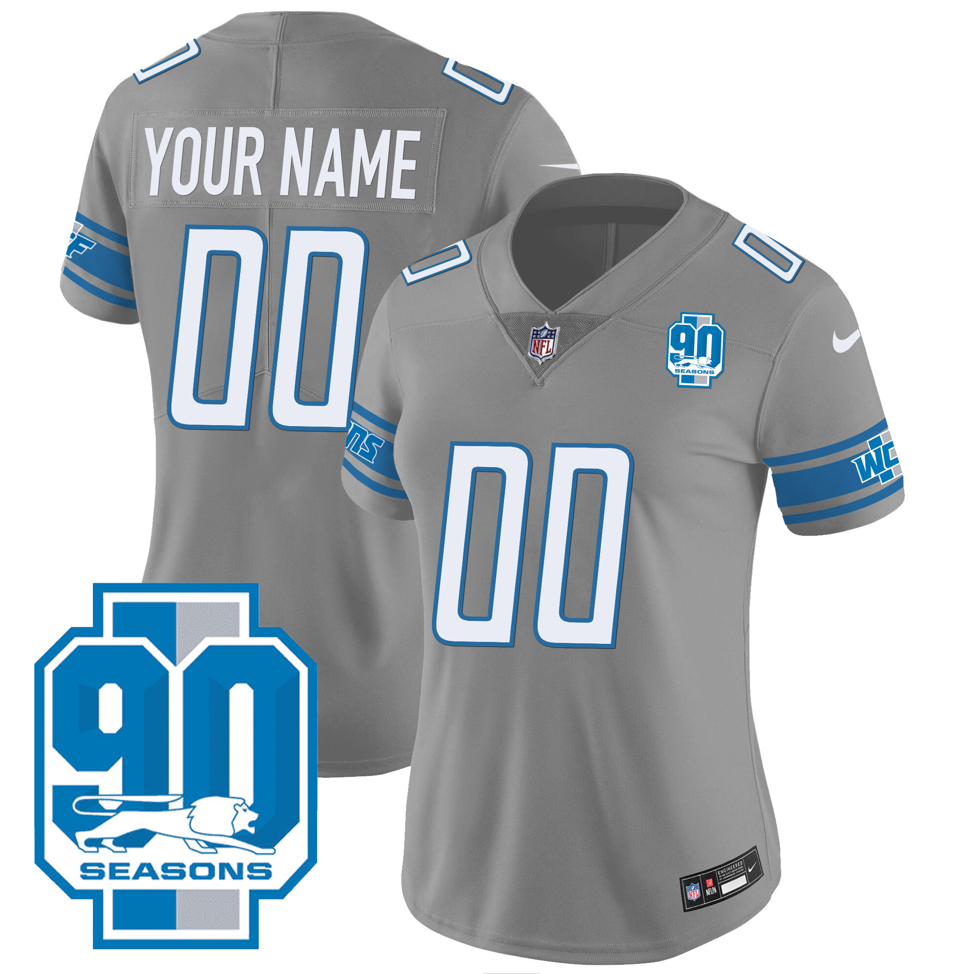 Detroit Lions 90th Year Patch Custom Gray Jersey - All Stitched 