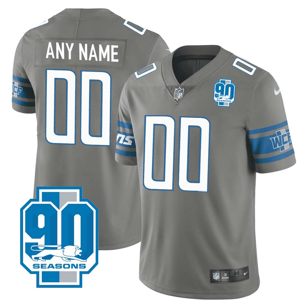 Detroit Lions 90th Year Patch Custom Gray Jersey - All Stitched 