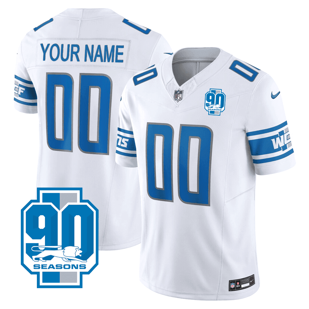 Detroit Lions 90th Year Patch Custom White Jersey - All Stitched 