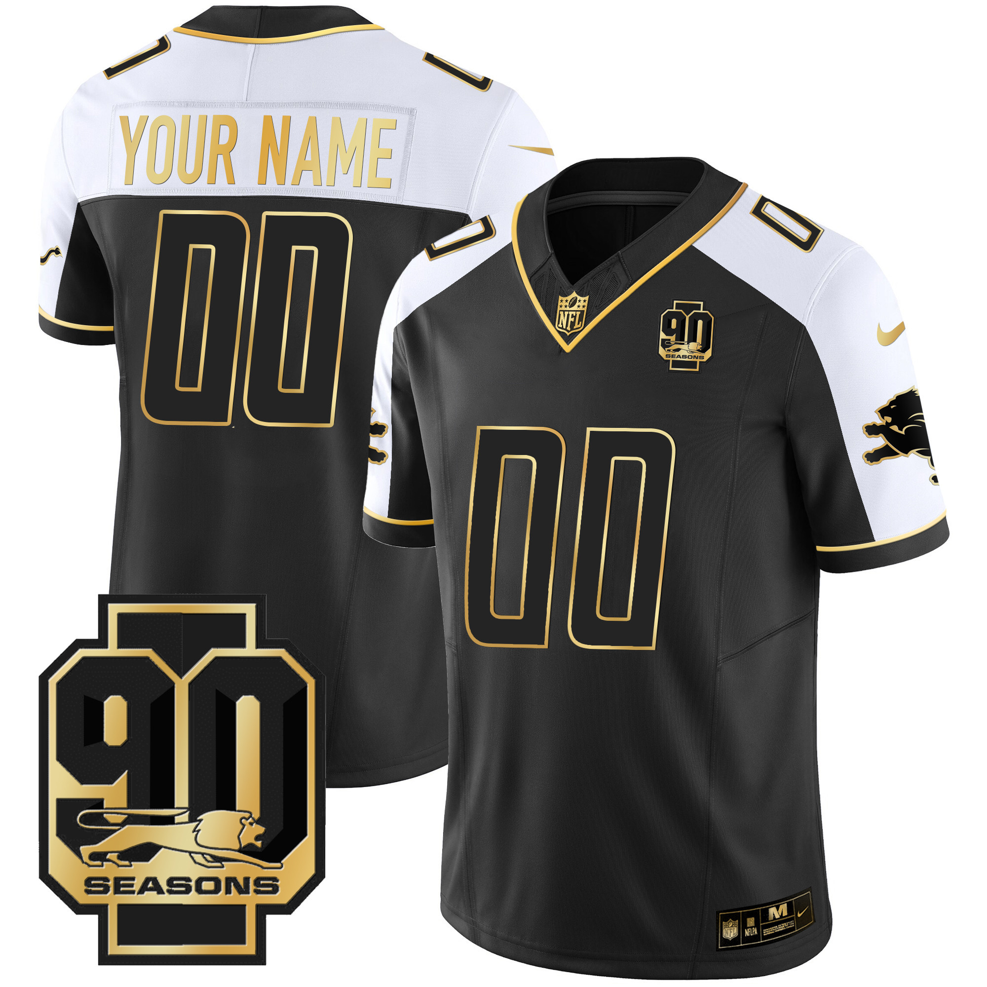 Detroit Lions 90th Year Patch Gold Custom Alternate Jersey - All Stitched 