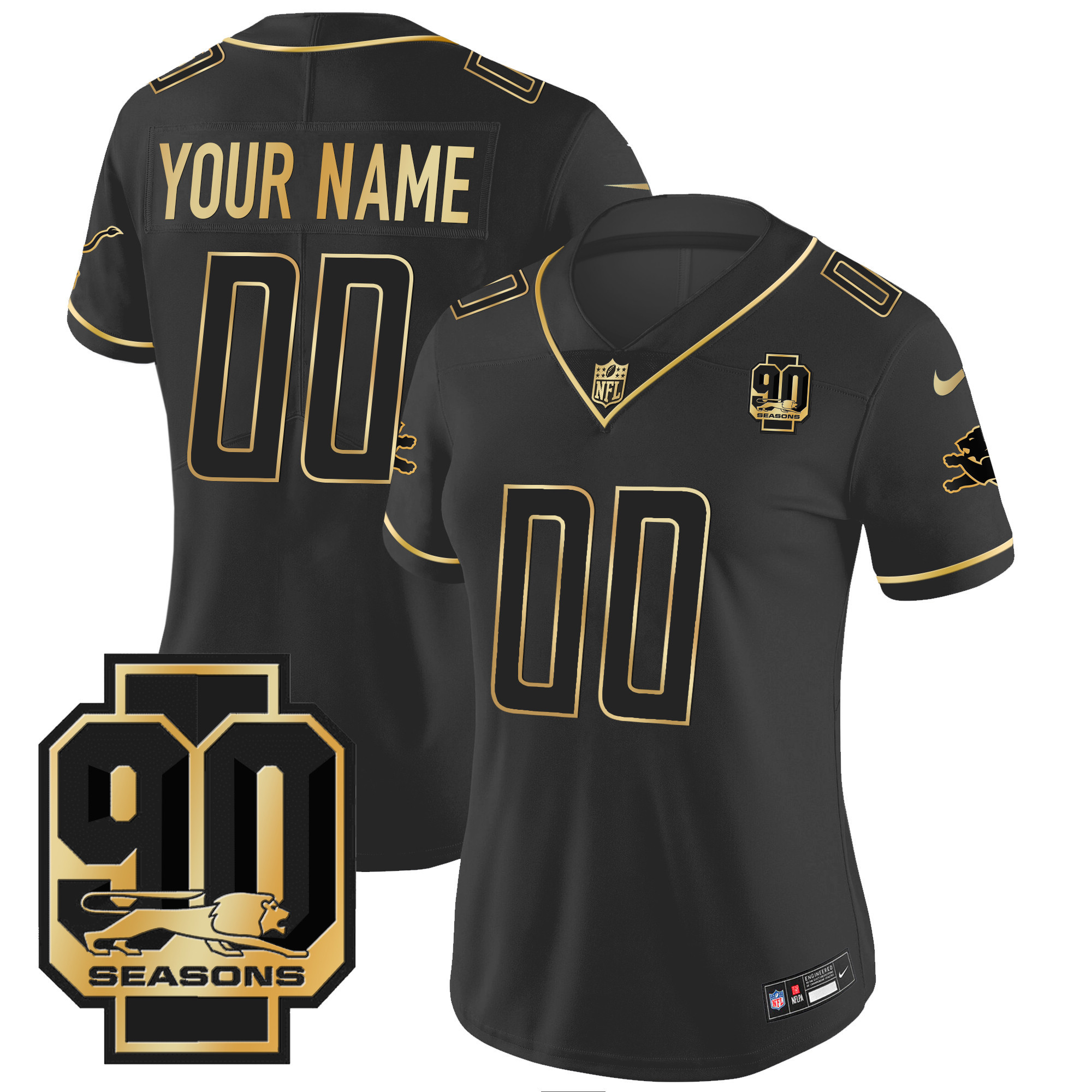 Detroit Lions 90th Year Patch Gold Custom Black Gold Jersey - All Stitched 