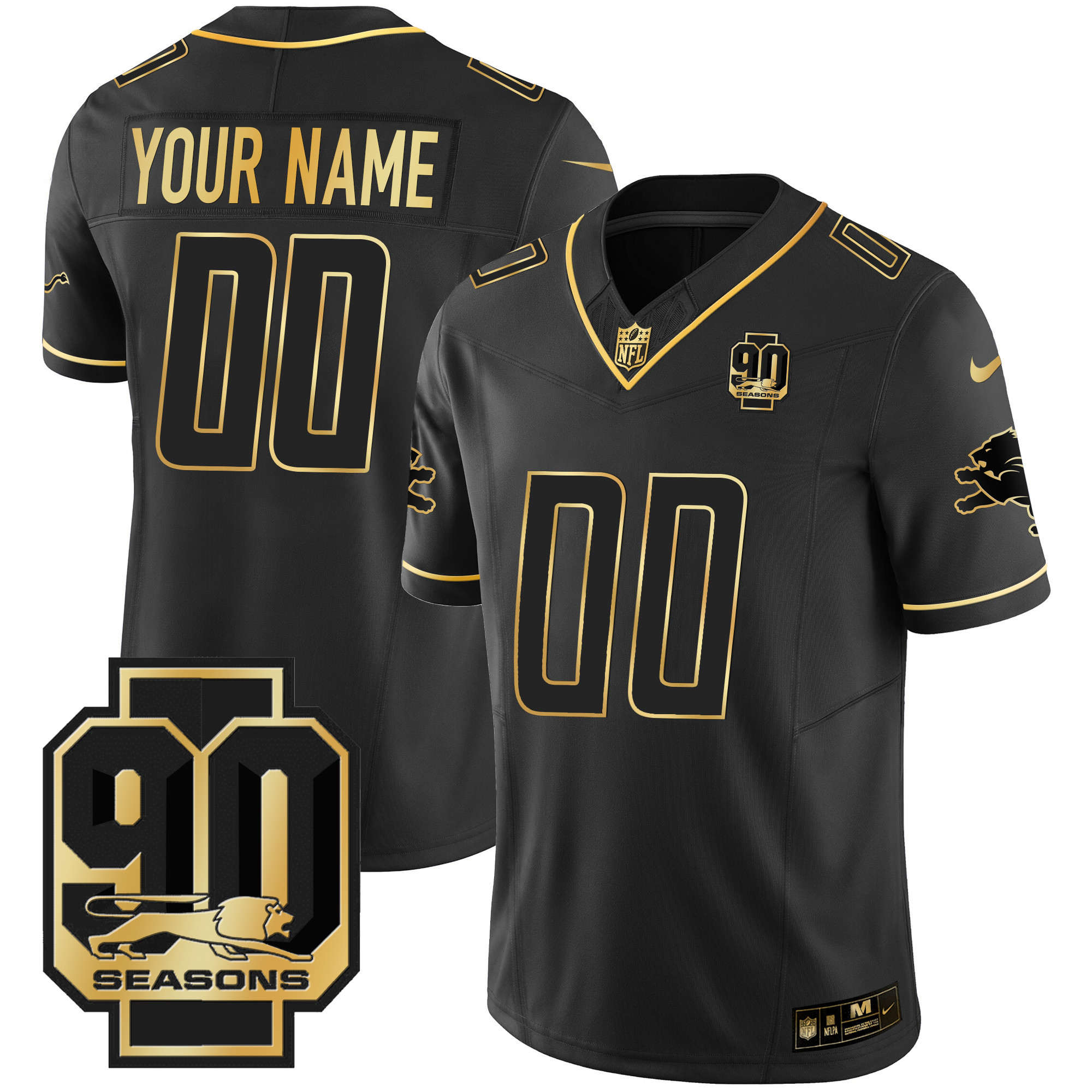 Detroit Lions 90th Year Patch Gold Custom Black Gold Jersey - All Stitched 