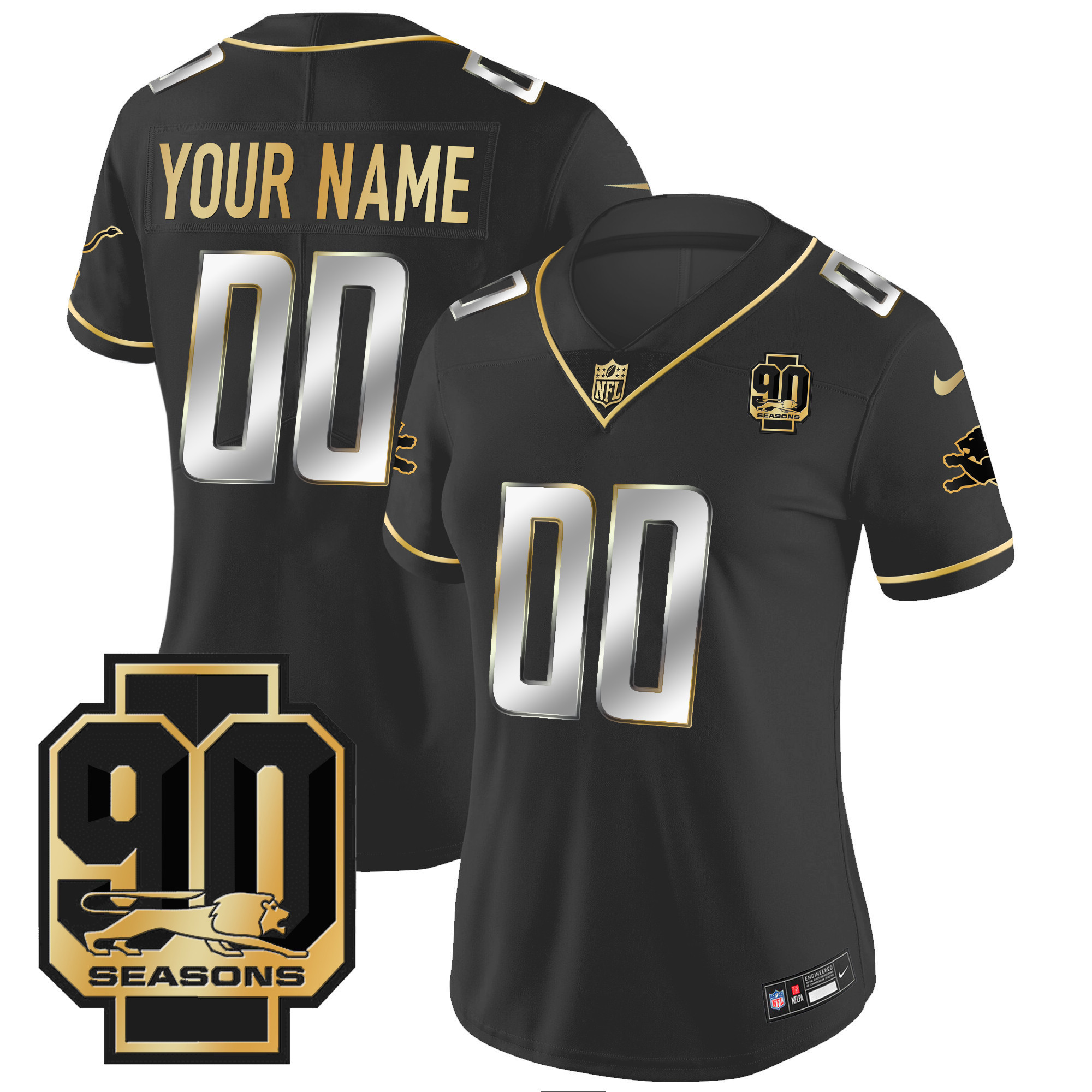 Detroit Lions 90th Year Patch Gold Custom Black Limited Jersey - All Stitched 