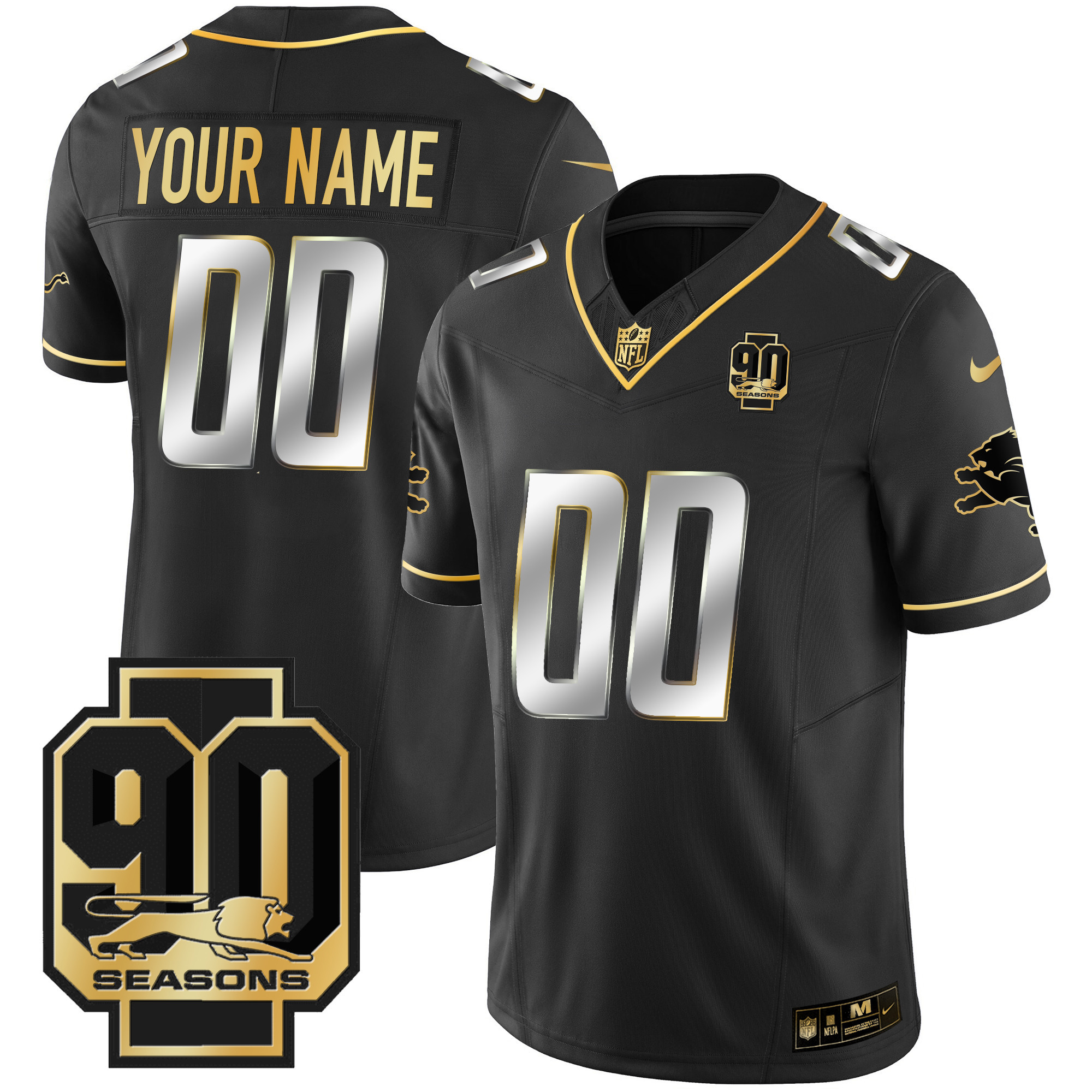 Detroit Lions 90th Year Patch Gold Custom Black Limited Jersey - All Stitched 