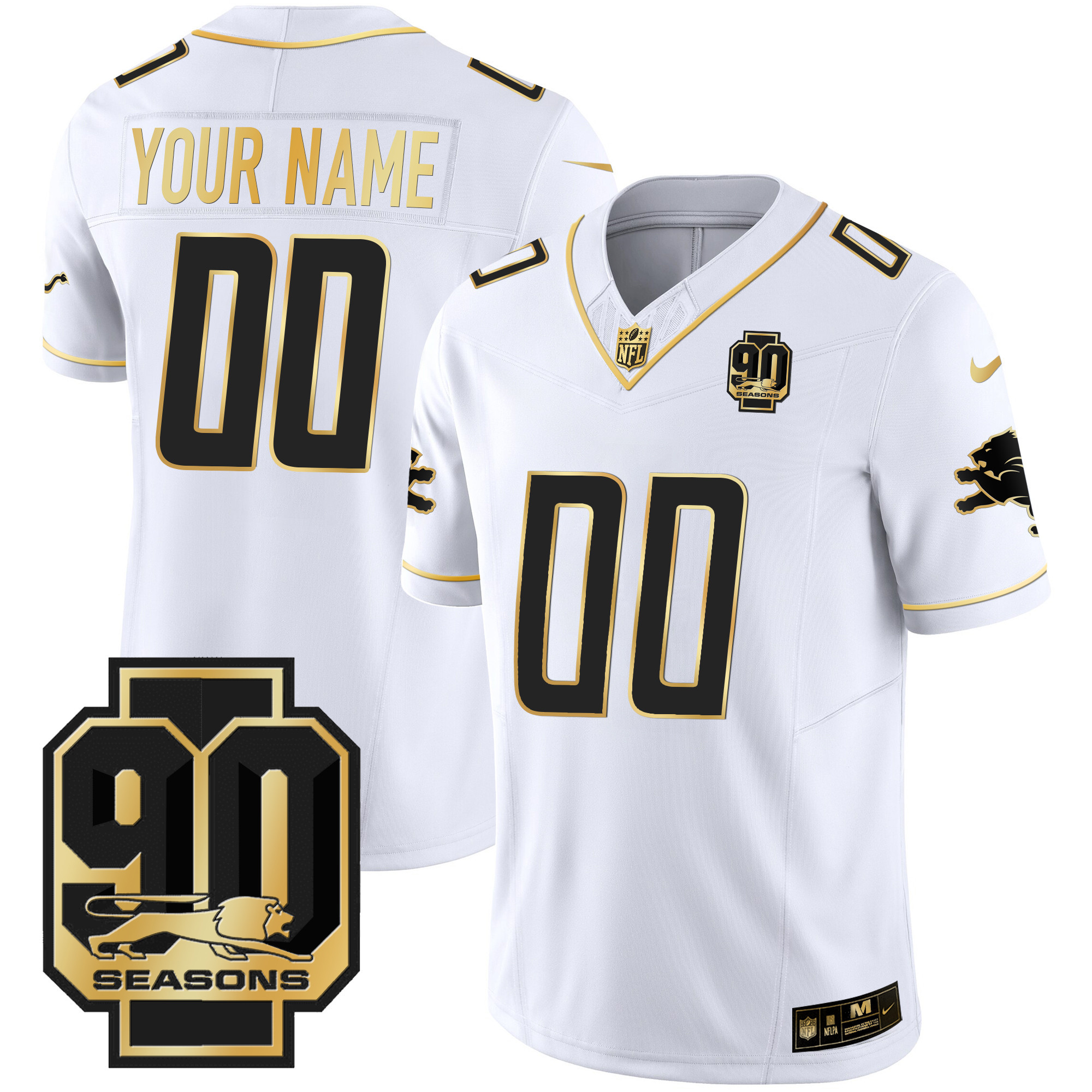 Detroit Lions 90th Year Patch Gold Custom White Gold Jersey - All Stitched 