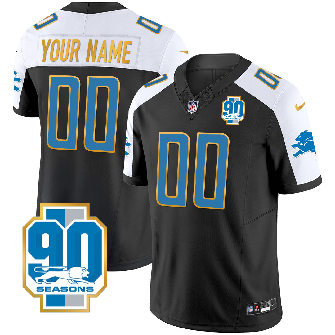 Detroit Lions 90th Year Patch Gold Trim Custom Black Alternate Jersey - All Stitched 