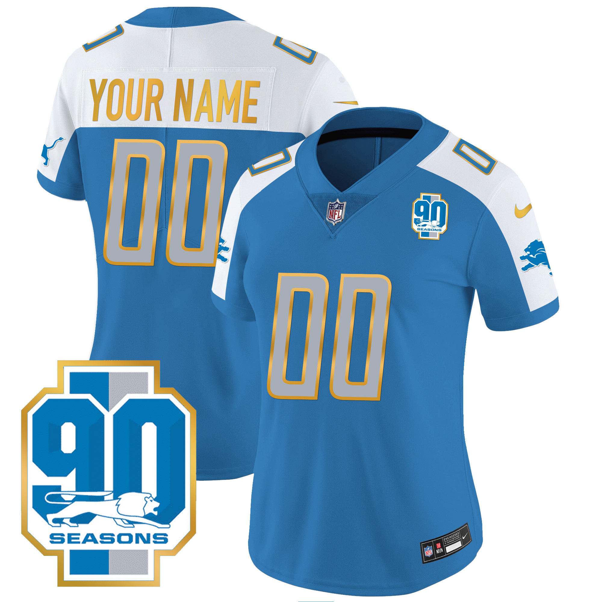 Detroit Lions 90th Year Patch Gold Trim Custom Blue Alternate Jersey - All Stitched 