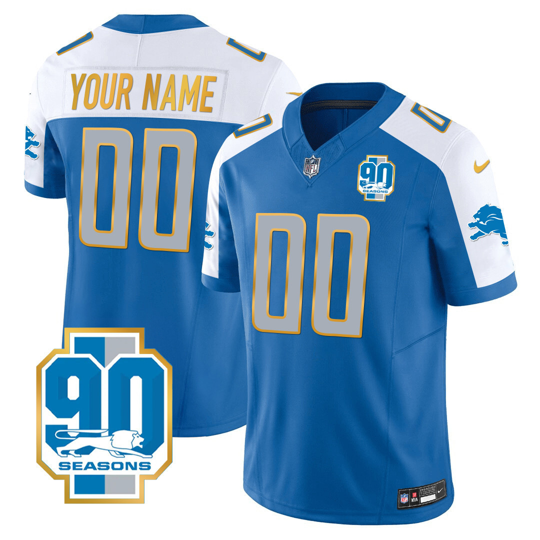 Detroit Lions 90th Year Patch Gold Trim Custom Blue Alternate Jersey - All Stitched 