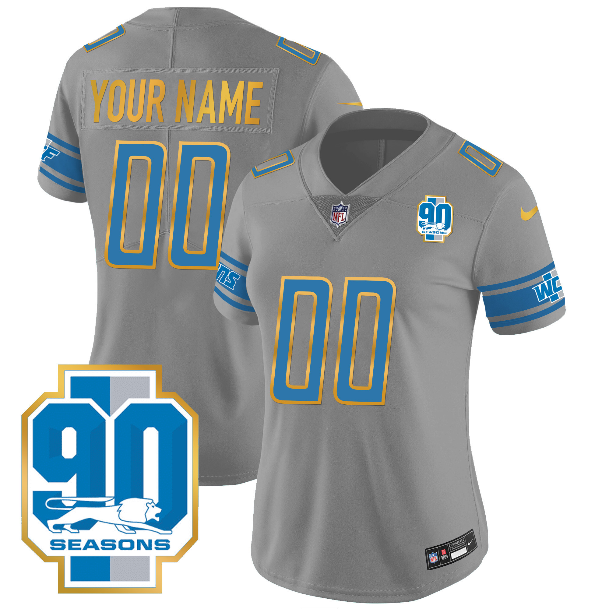 Detroit Lions 90th Year Patch Gold Trim Custom Gray Jersey - All Stitched 