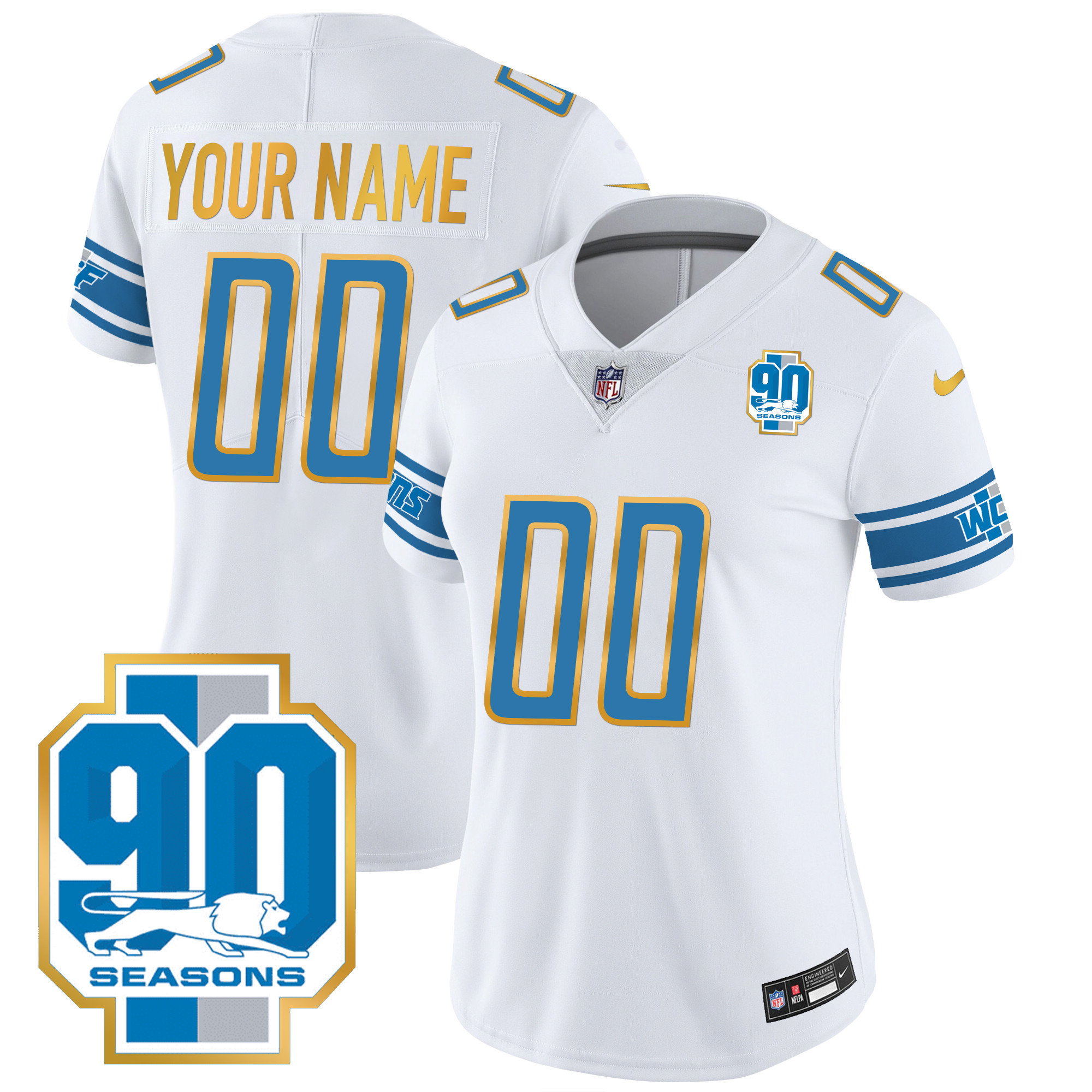 Detroit Lions 90th Year Patch Gold Trim Custom White Jersey - All Stitched 