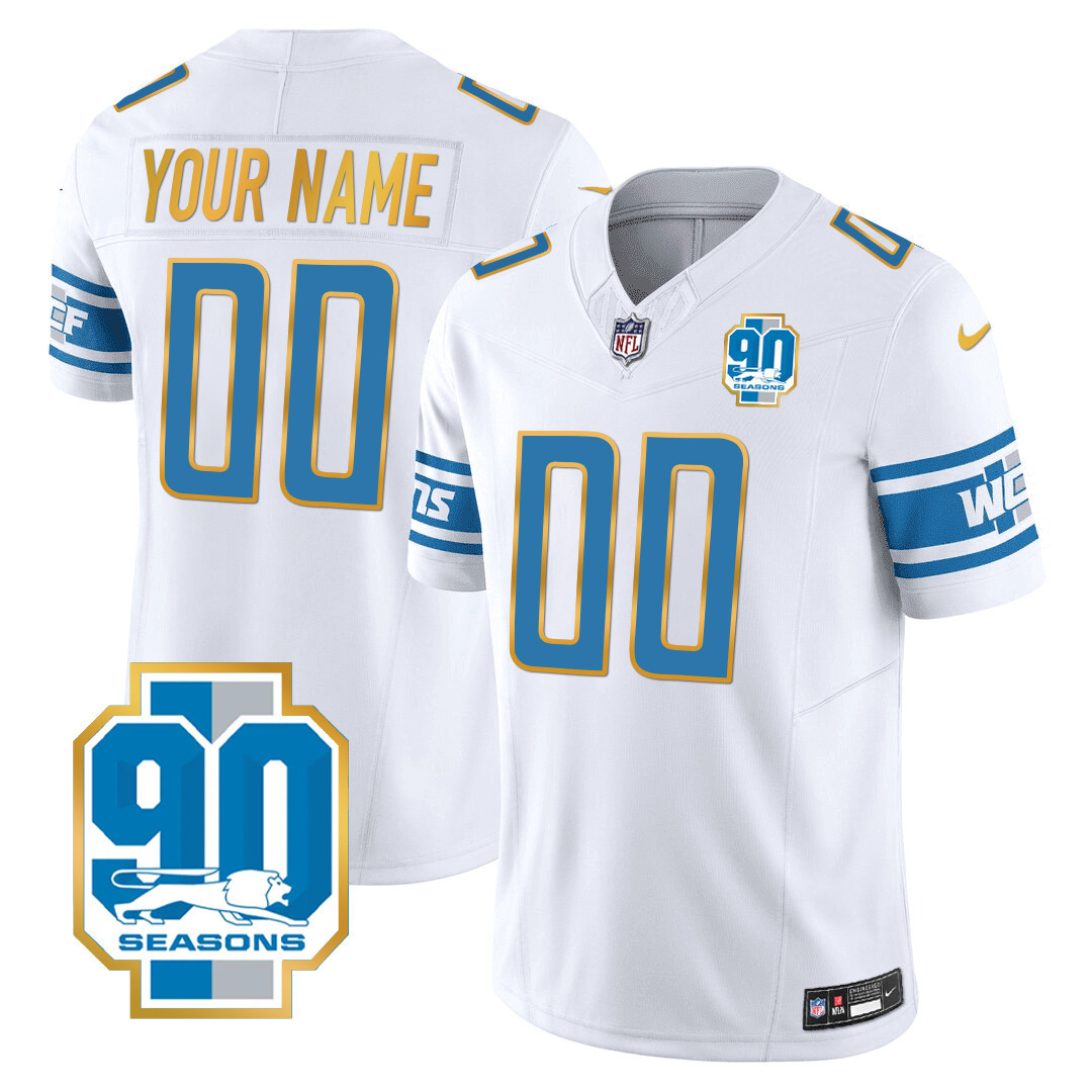 Detroit Lions 90th Year Patch Gold Trim Custom White Jersey - All Stitched 
