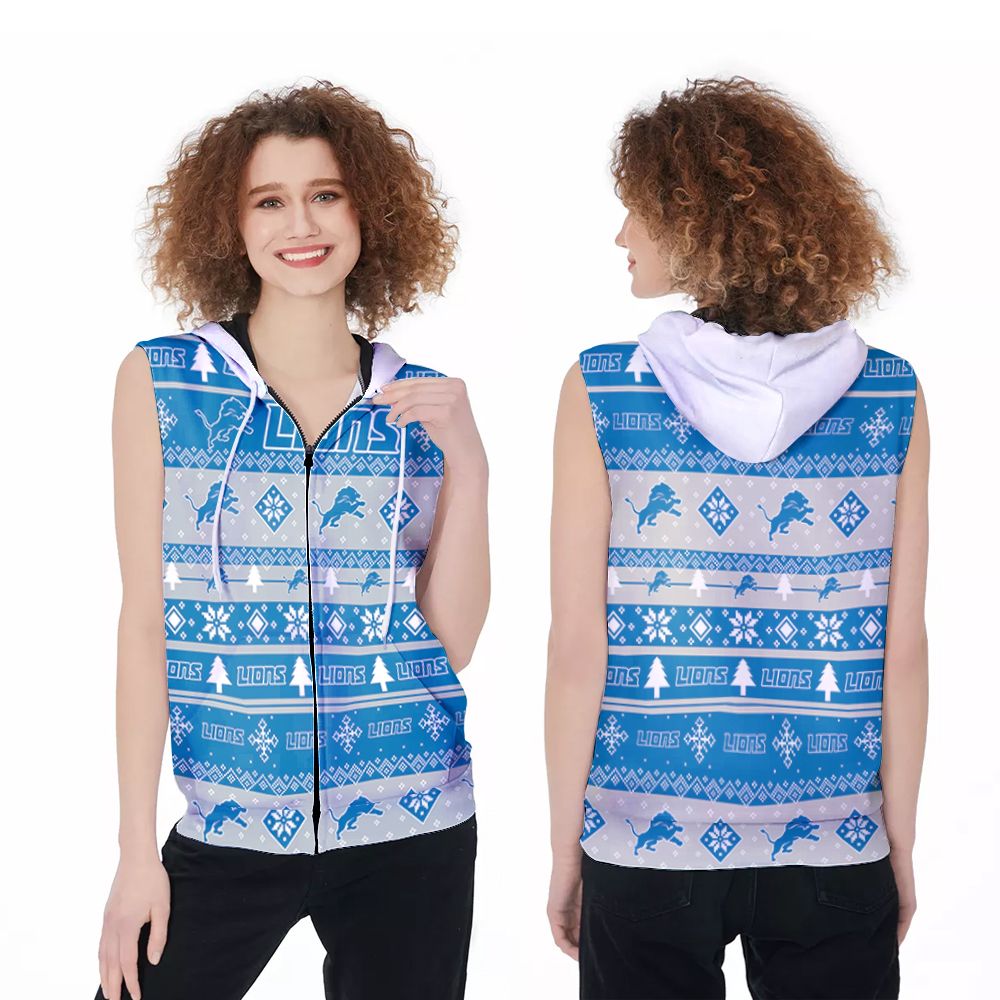 Detroit Lions For Lions Lover Christmas Pattern 3D Printed Gift For Detroit Lions Fan Zip Sleeveless Hoodie
