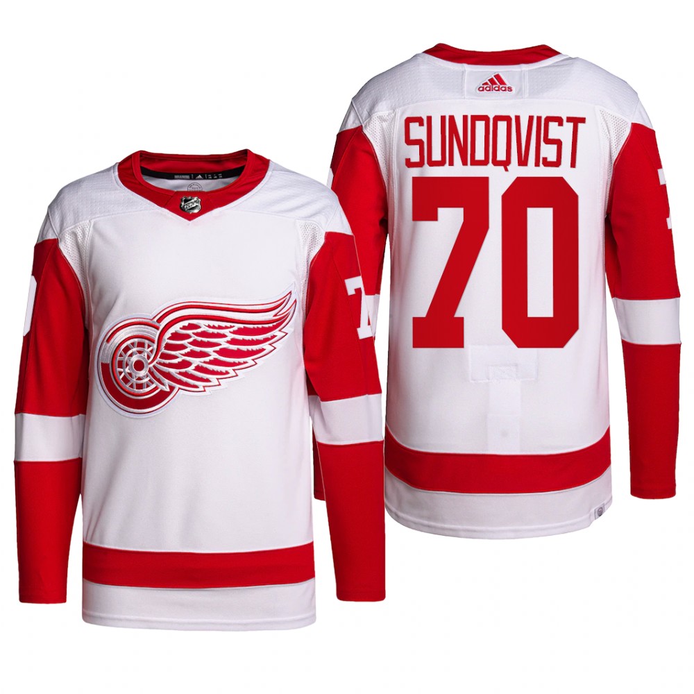 Detroit Red Wings 2022 Away Jersey Oskar Sundqvist White #70 Primegreen Pro Uniform
