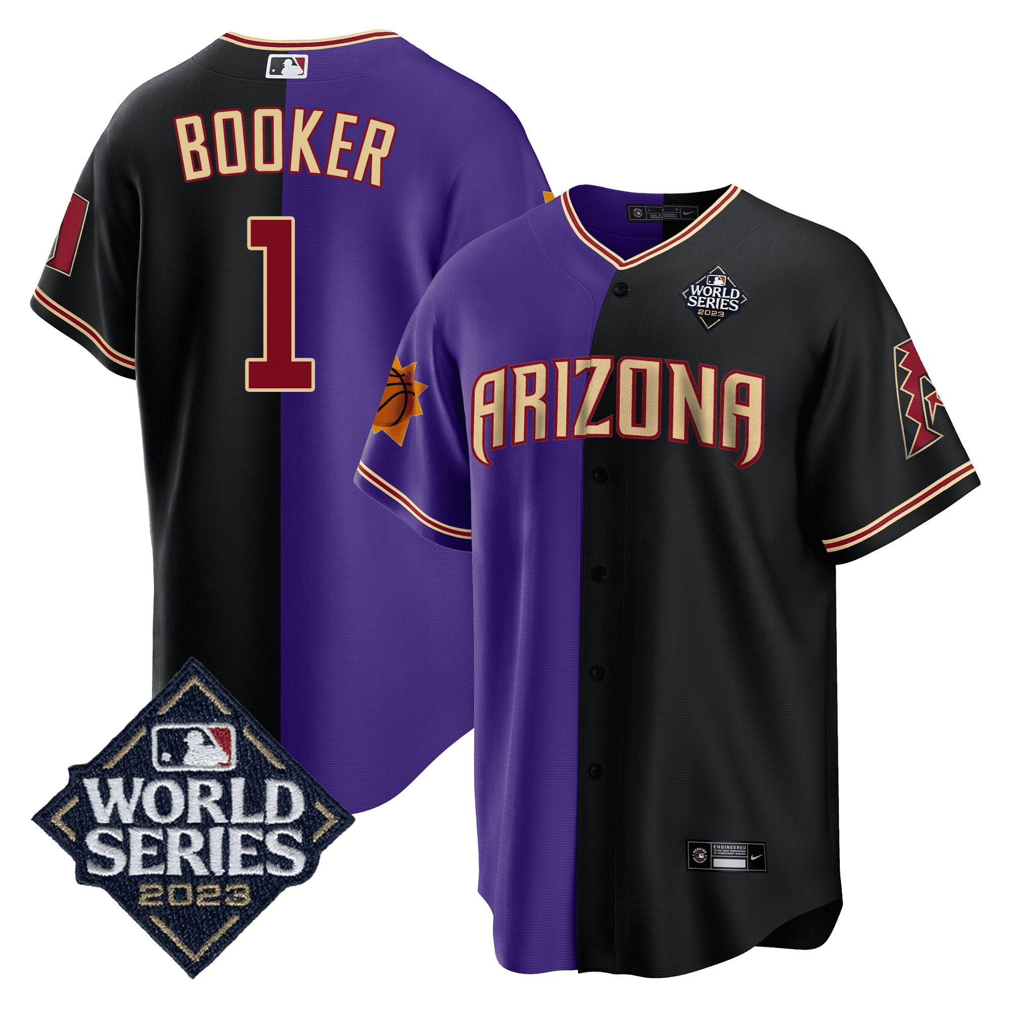 Devin Booker Men's Split Arizona Dbacks - Suns 2023 World Series Patch Black - Purple Jersey - All Stitched