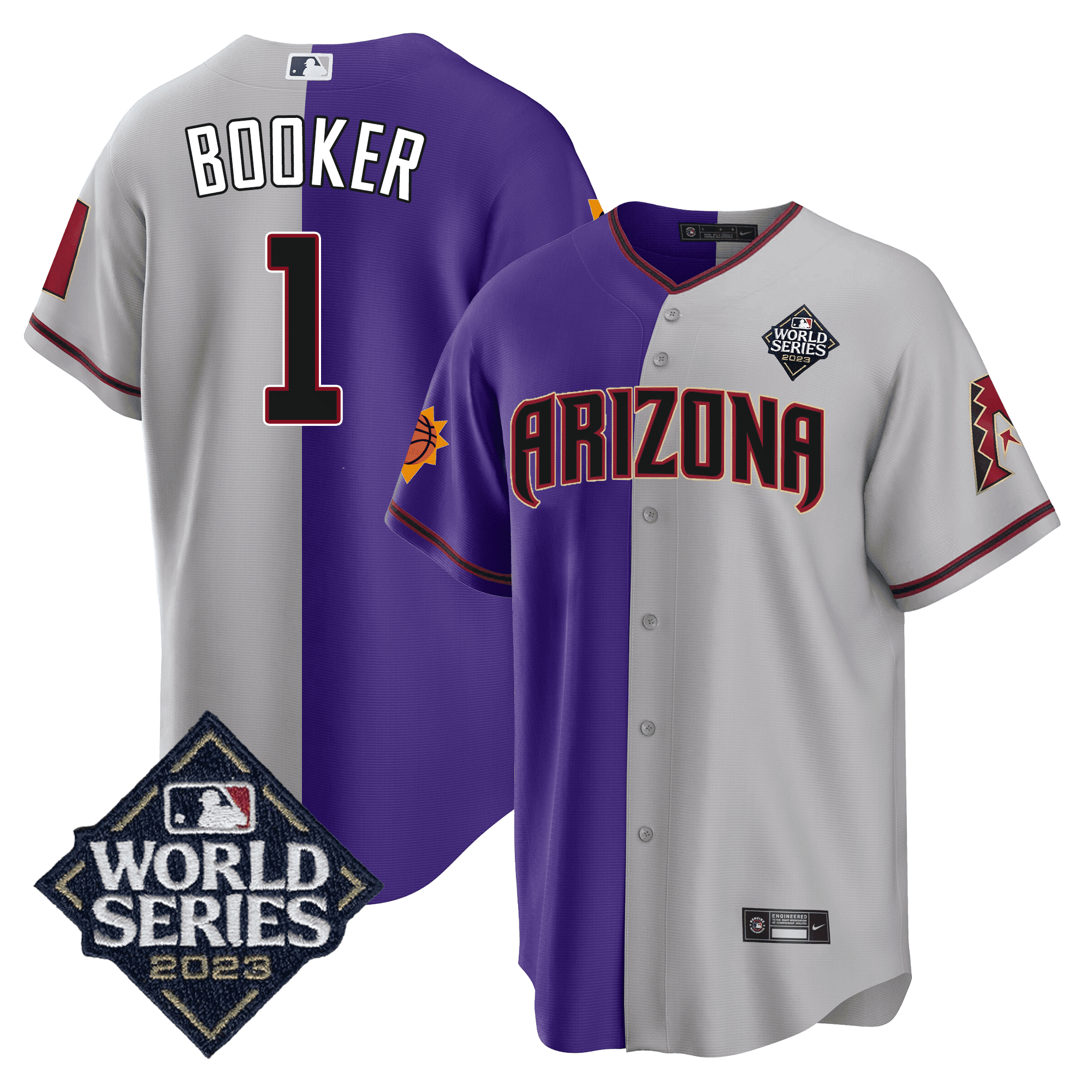 Devin Booker Men's Split Arizona Dbacks - Suns 2023 World Series Patch Grey - Purple Jersey - All Stitched