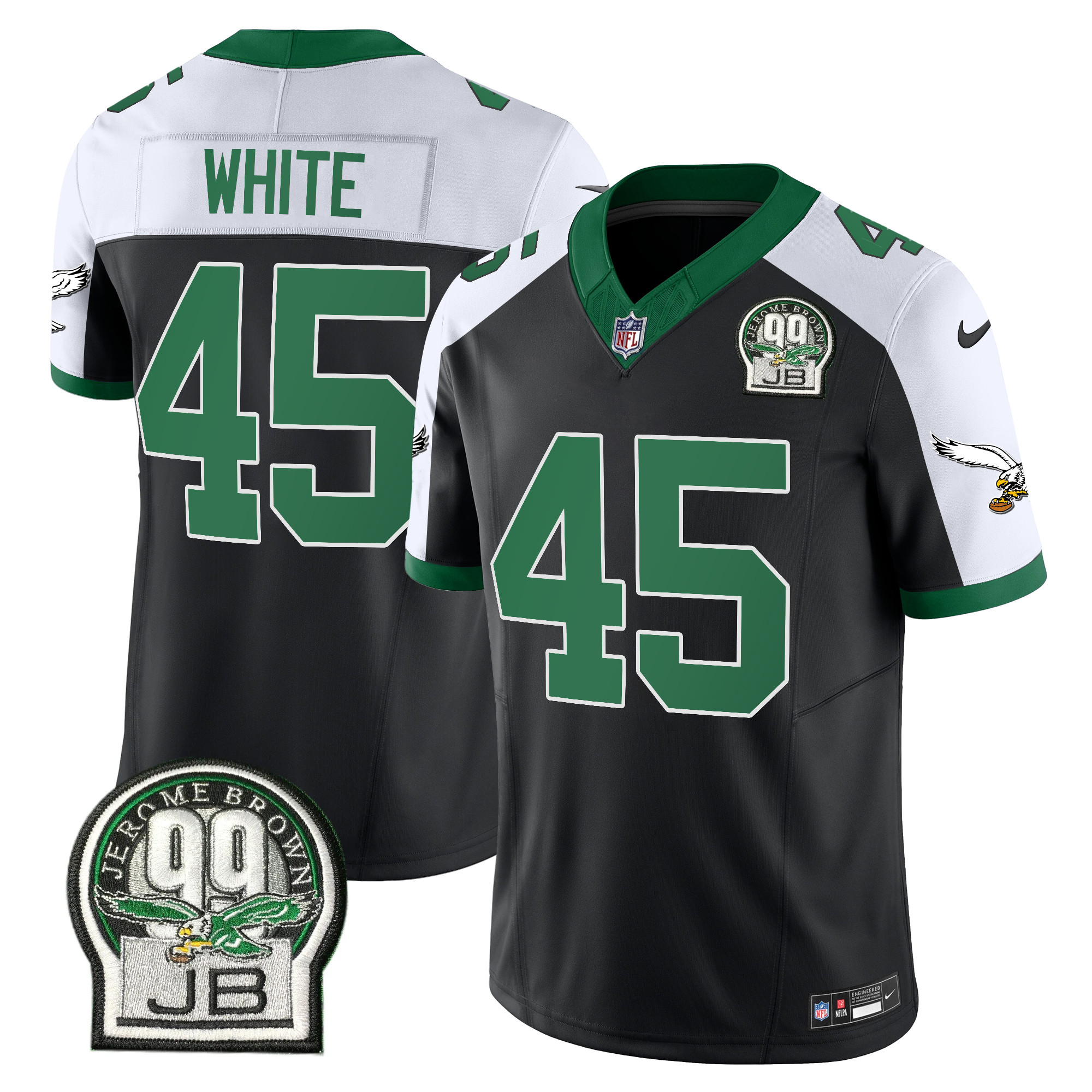 Devin White Men's Philadelphia Eagles Jerome Brown Patch Kelly Green Alternate V2 Black Alternate Jersey - All Stitched