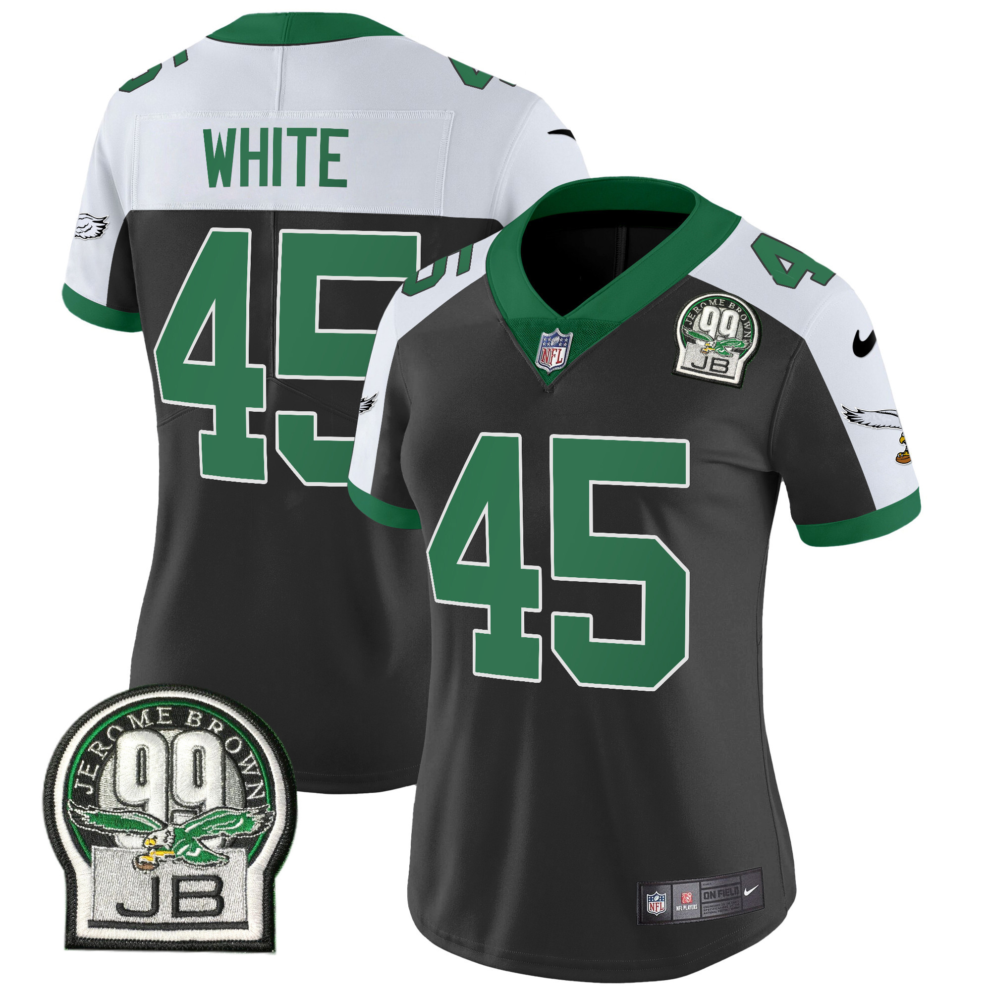 Devin White Women's Philadelphia Eagles Jerome Brown Patch Kelly Green Alternate V2 Black Alternate Jersey - All Stitched