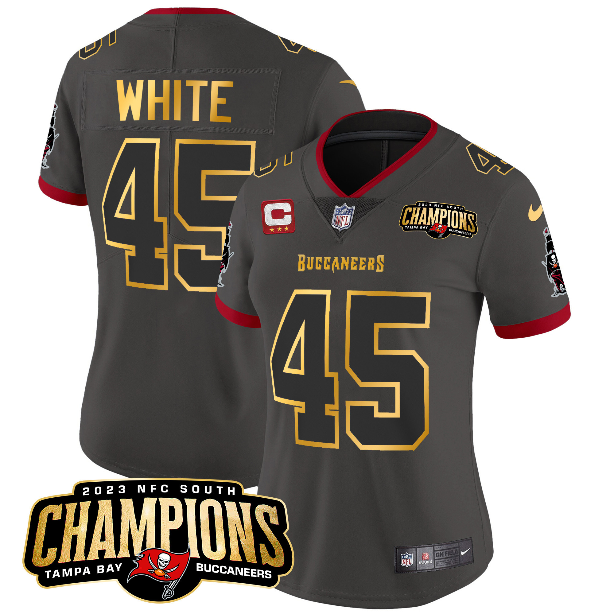 Devin White Women's Tampa Bay Buccaneers 2023 NFC South Champions Patch Gold Trim Vapor Pewter Jersey - All Stitched 