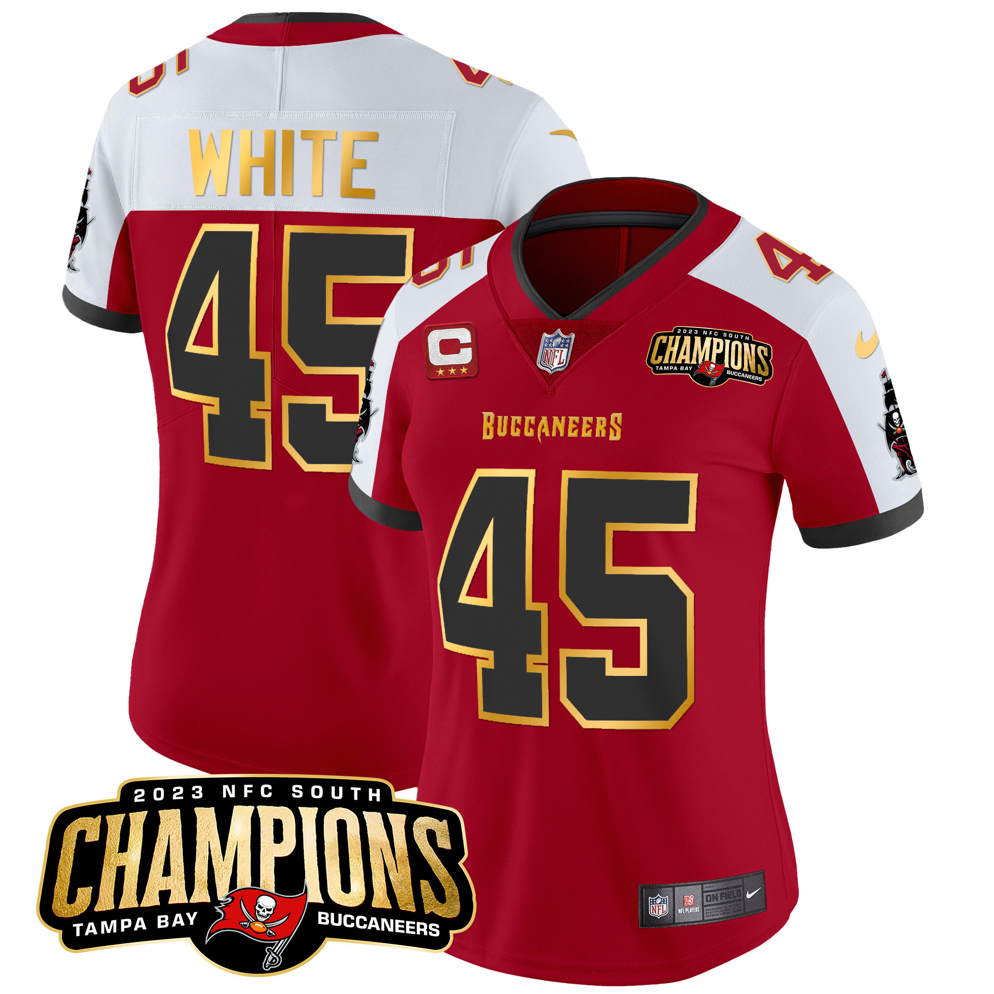 Devin White Women's Tampa Bay Buccaneers 2023 NFC South Champions Patch Gold Trim Vapor Red Alternate Jersey - All Stitched 