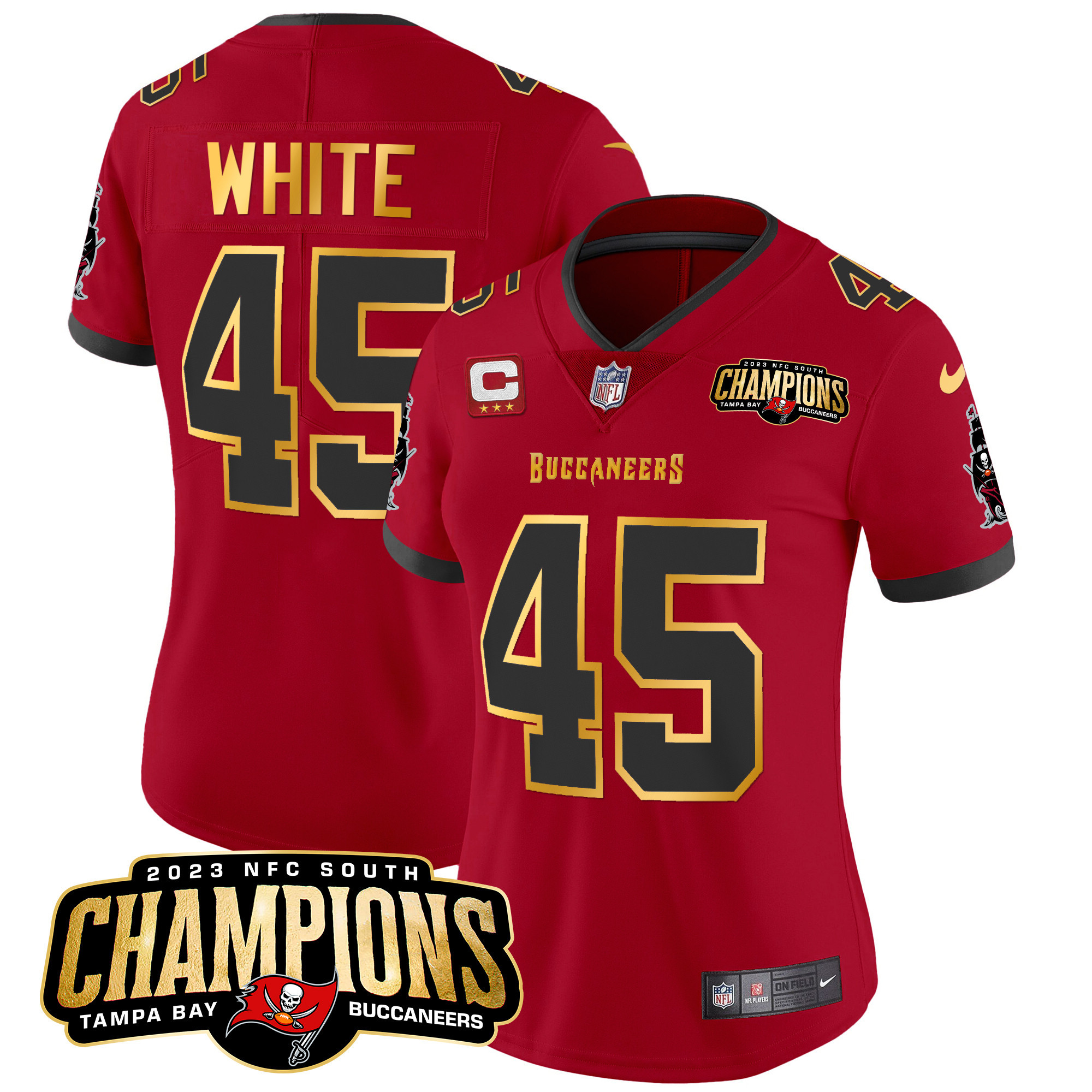 Devin White Women's Tampa Bay Buccaneers 2023 NFC South Champions Patch Gold Trim Vapor Red Jersey - All Stitched 